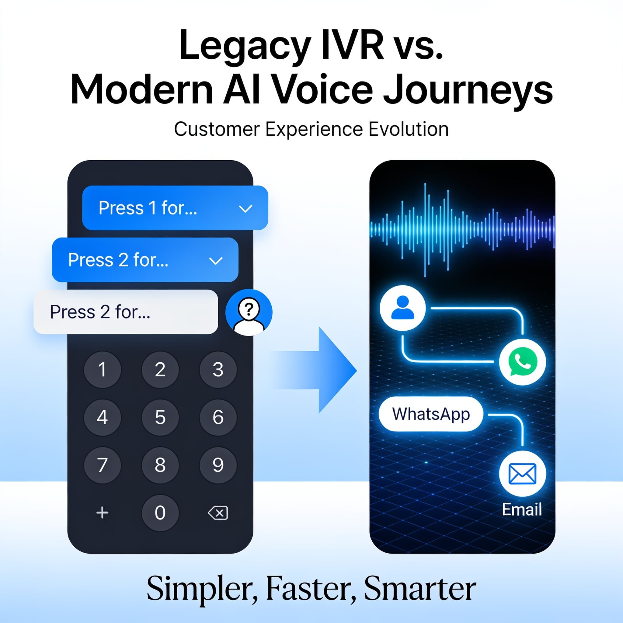 Comparison of traditional IVR phone tree versus modern AI-powered voice journey in an omnichannel context.