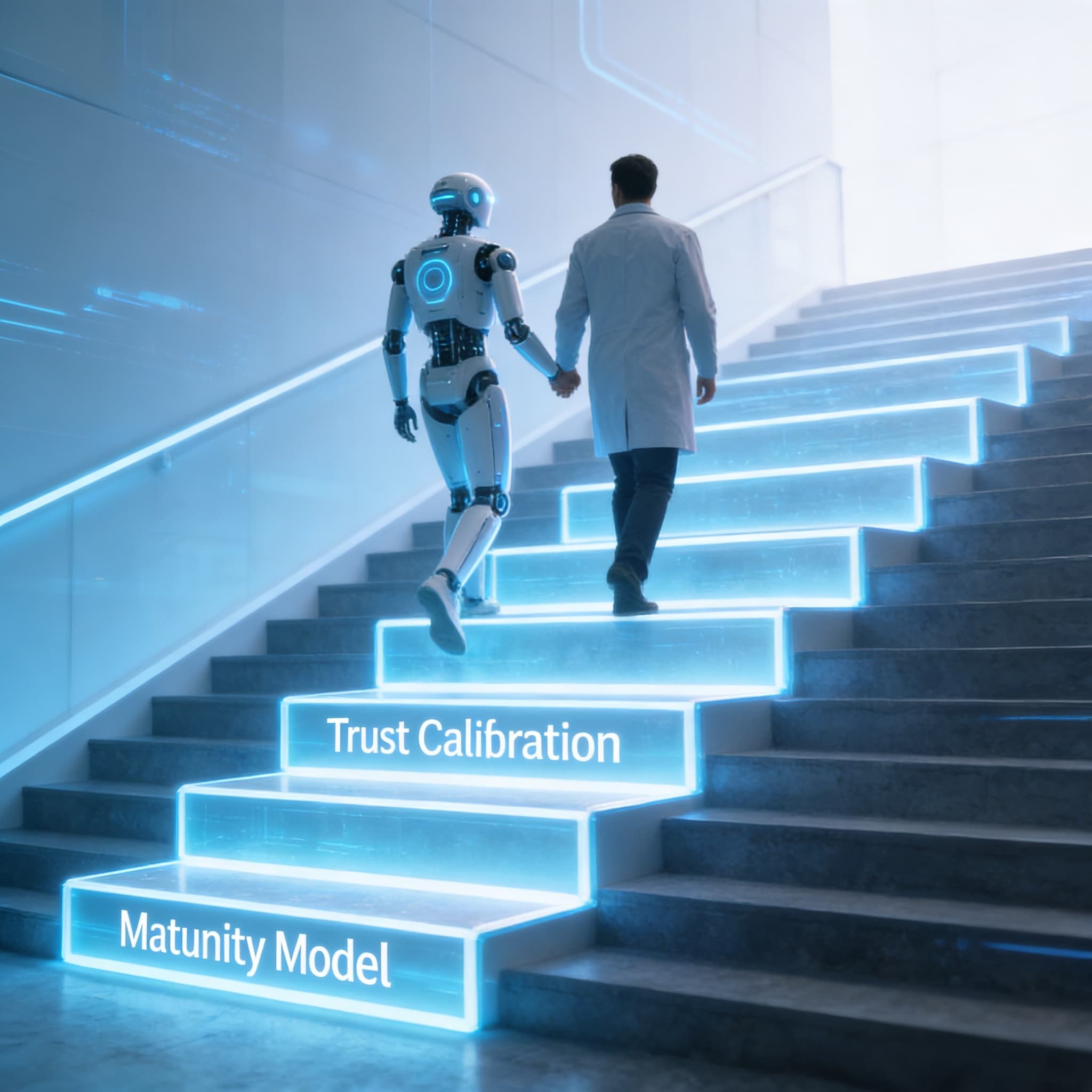 Abstract concept showing human and AI progressing together up a staircase representing maturity model levels toward trustworthy automation.
