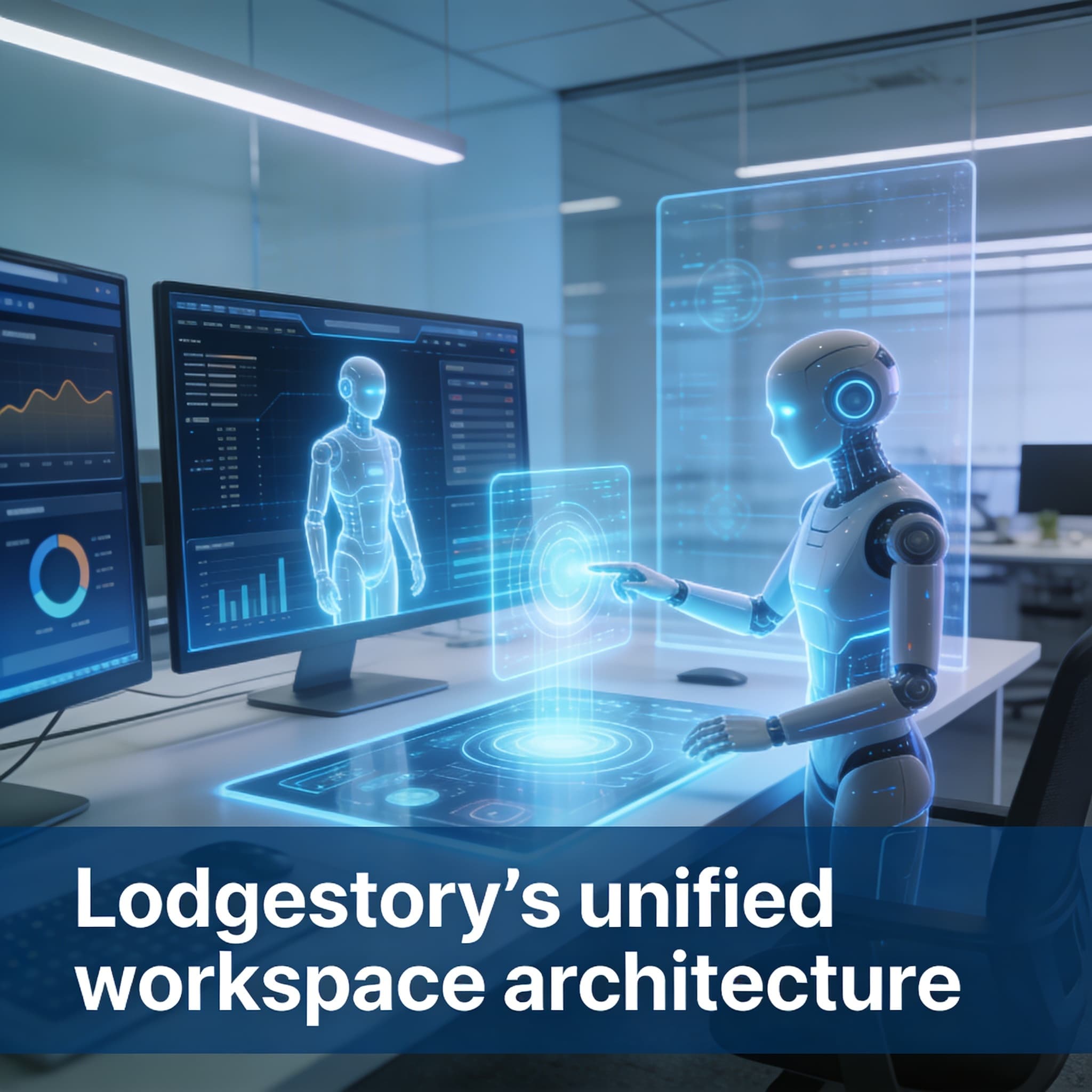 Futuristic illustration of unified CRM workspace evolving into AI-powered dynamic dashboards