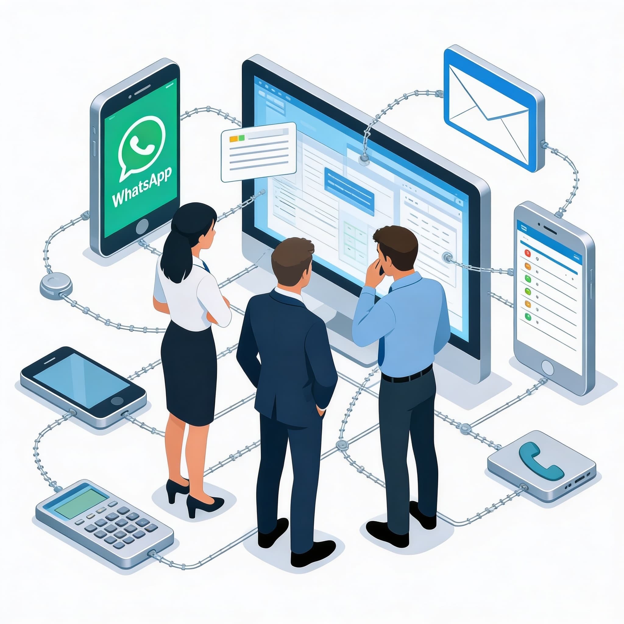 Illustration of a business team overwhelmed by multiple disconnected communication tools.