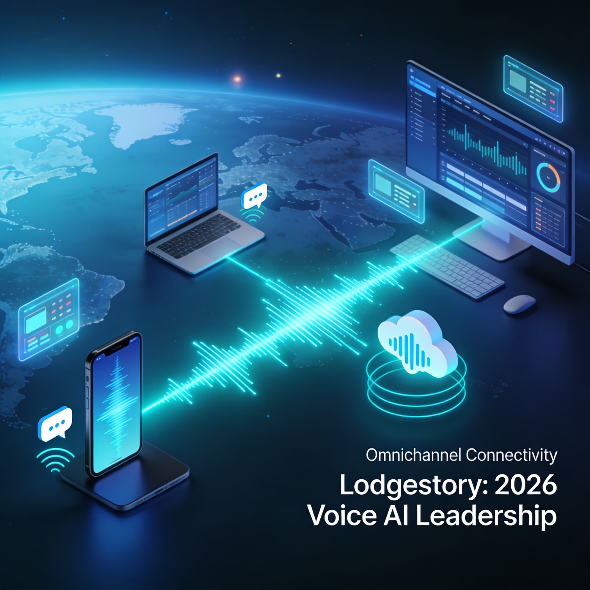 Futuristic depiction of omnichannel voice AI connectivity between devices with glowing sound waves and cloud elements.