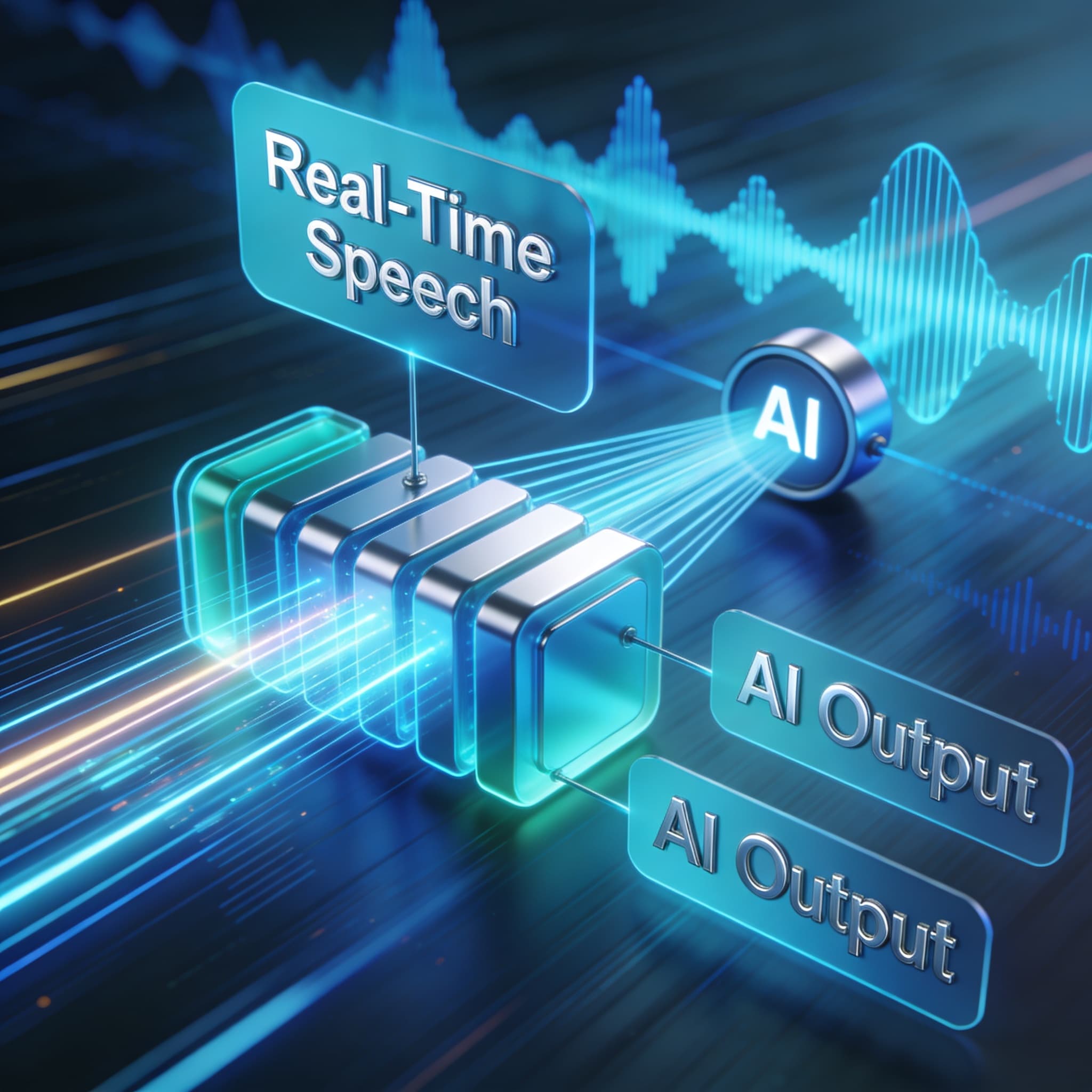 Concept art of speech transforming into AI-processed text in real-time pipeline flow