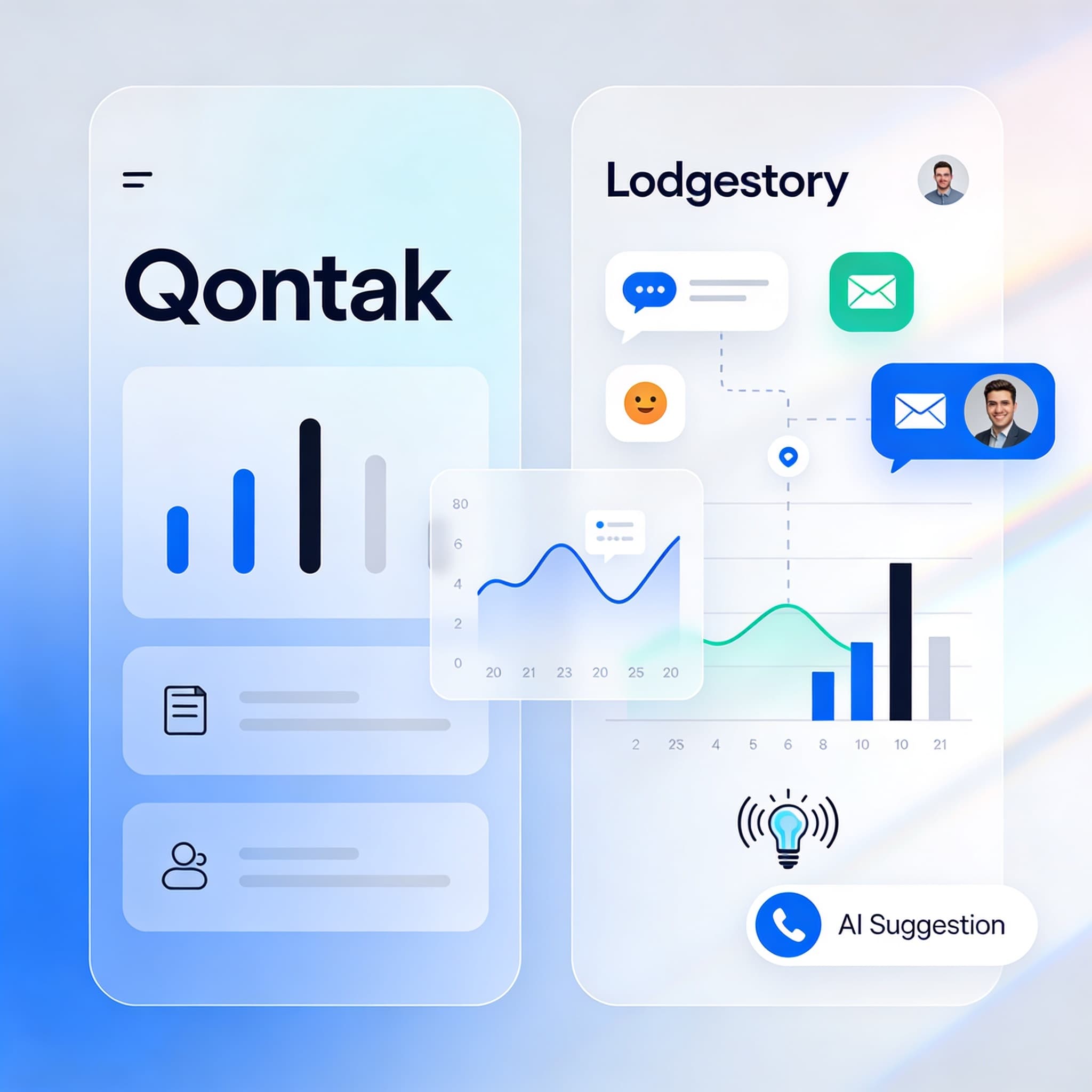 Visual comparison of advanced Lodgestory dashboard with multiple channels beside a simpler Qontak interface