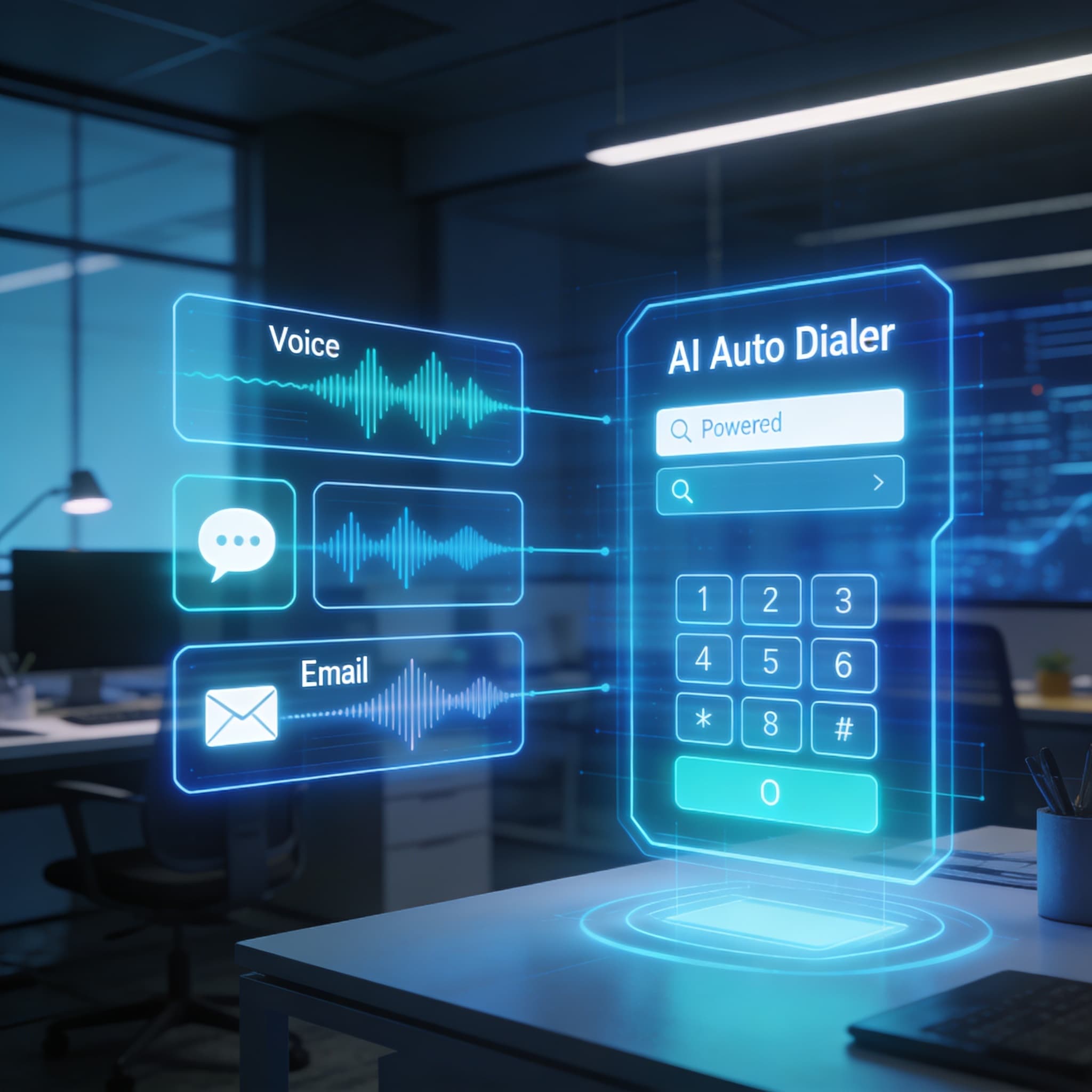 Conceptual hero image showing an AI-powered outbound auto dialer system connecting multiple communication channels with futuristic digital design.