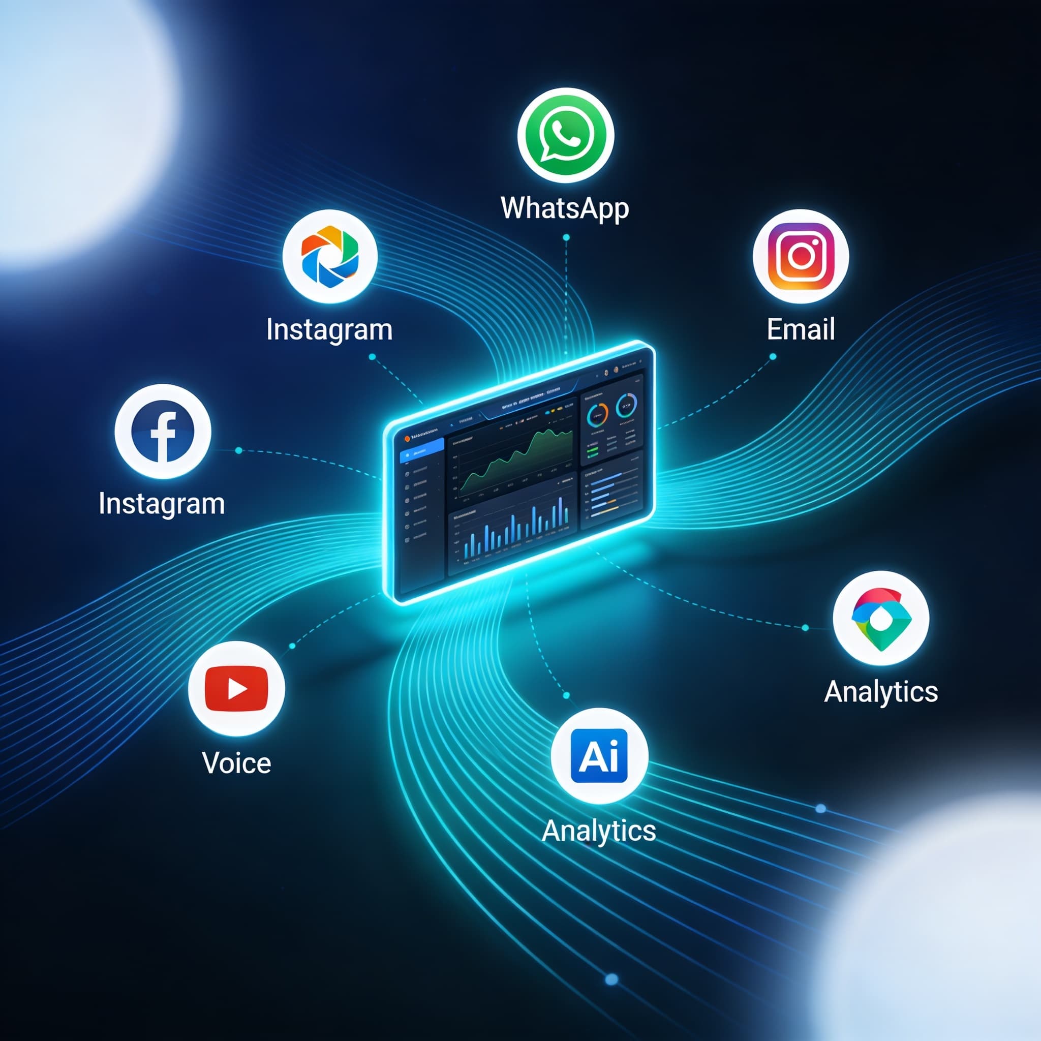 Abstract visualization of unified omnichannel communication platform connecting messaging, voice, and analytics tools into one hub