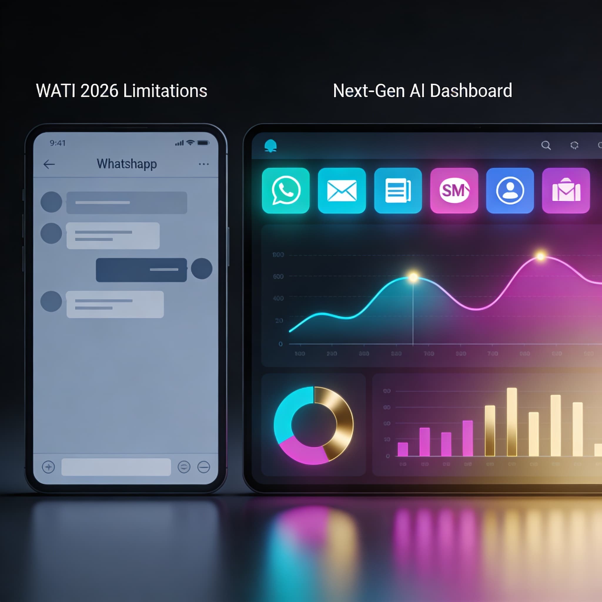 Comparison visual showing limited single-channel messaging on one side and advanced omnichannel AI dashboard on the other
