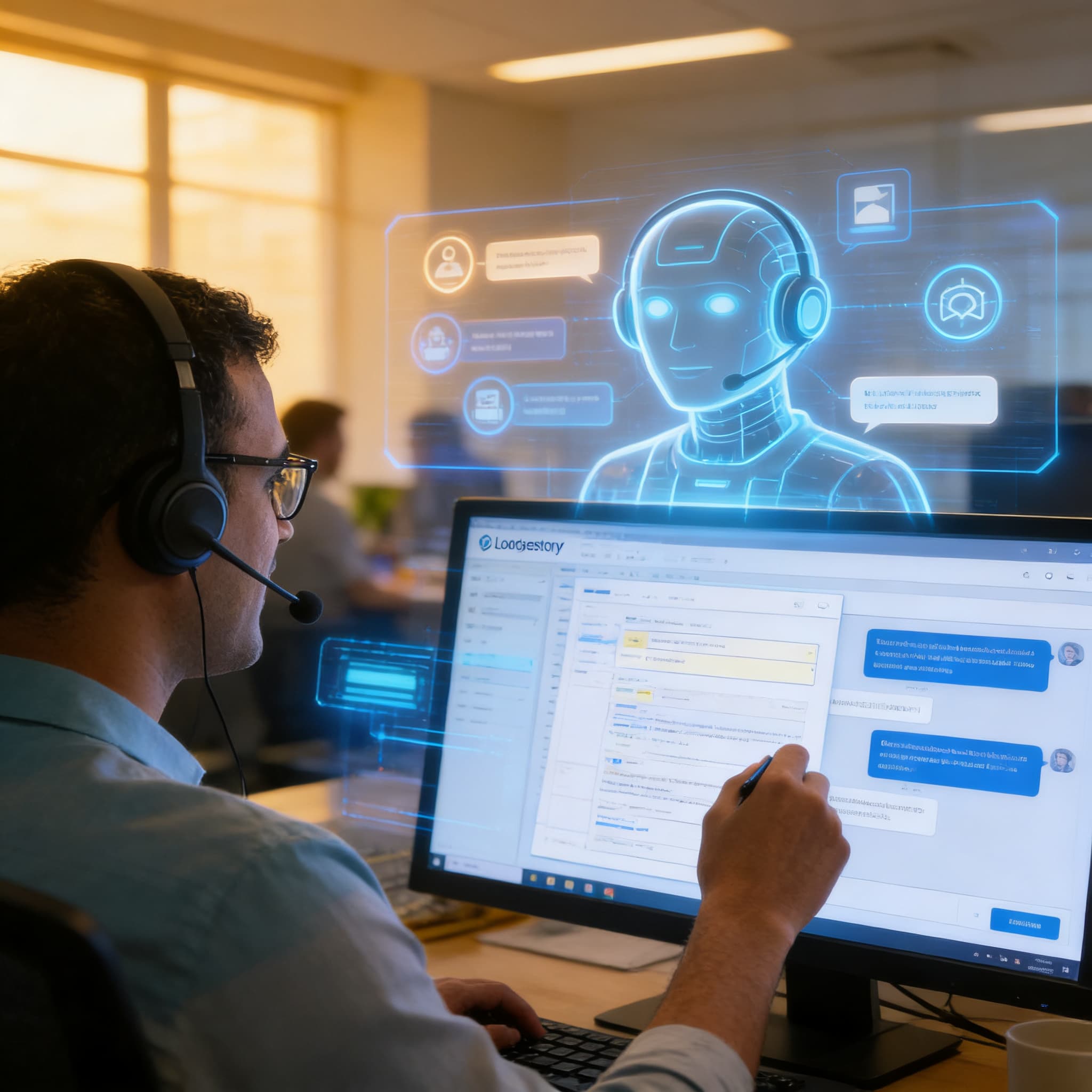 Human support agent collaborating with AI assistant hologram in modern hybrid support workspace