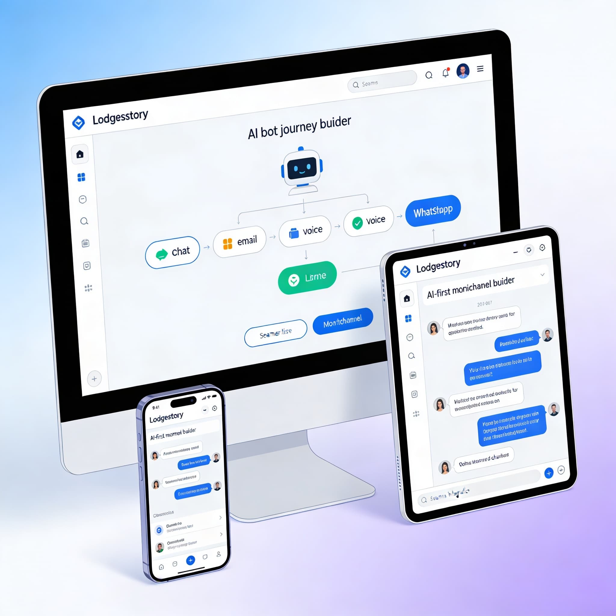 Lodgestory omnichannel interface across devices showing AI automation and unified inbox