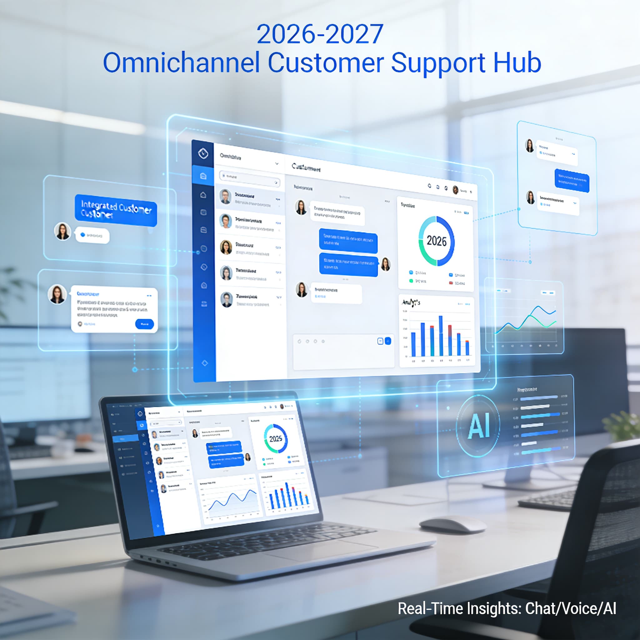 Futuristic AI-driven omnichannel customer support dashboard showing unified communications and analytics.