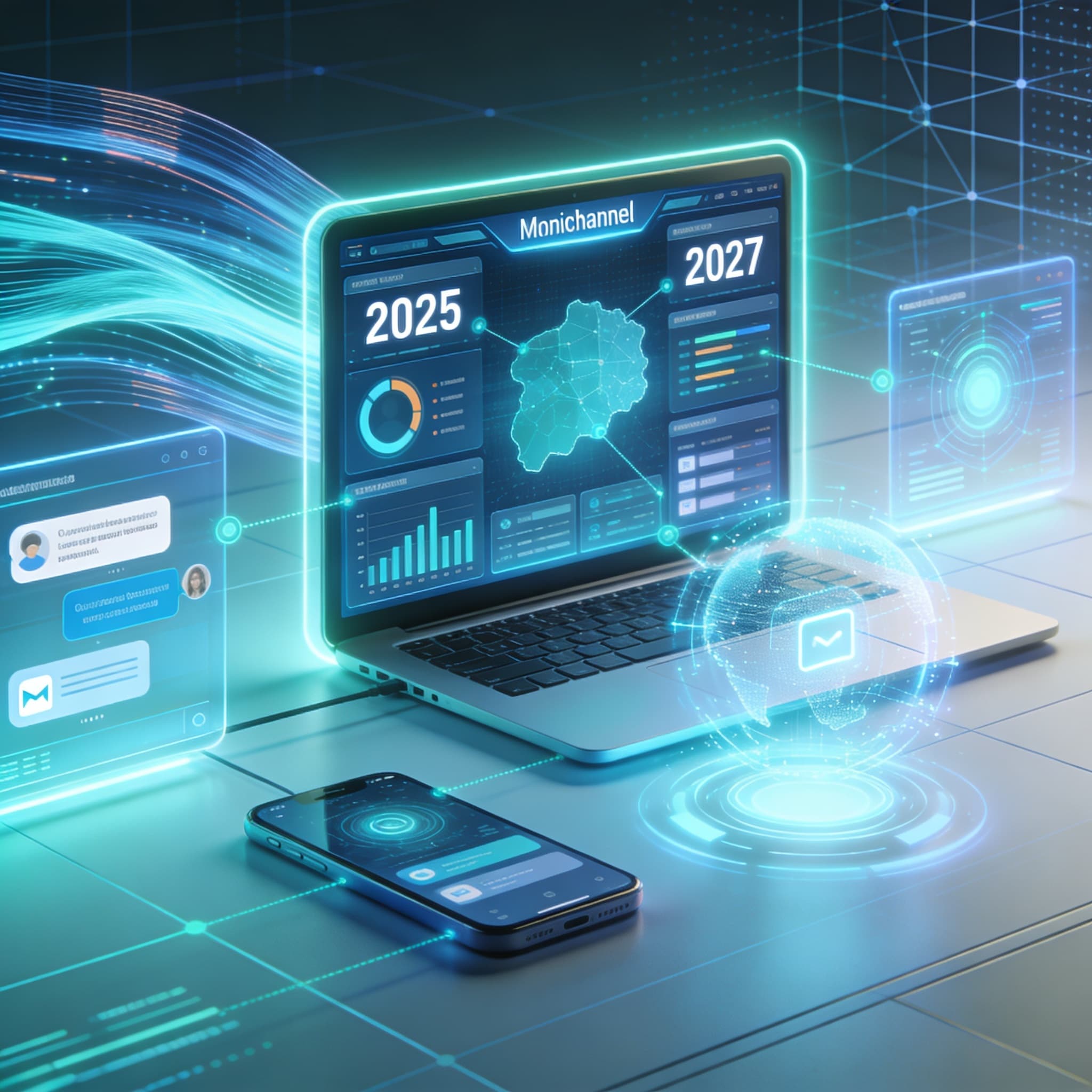 Futuristic AI-driven omnichannel customer support system visualization for 2026 and 2027.