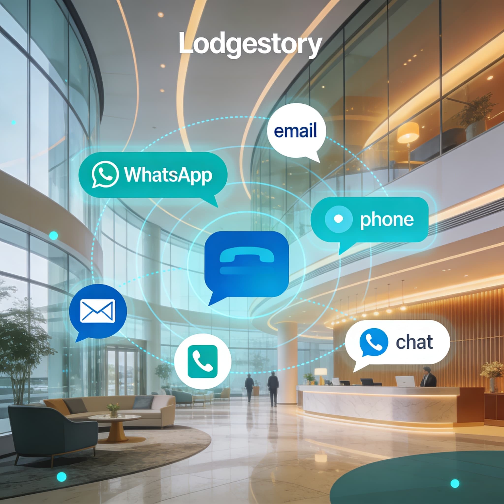 Hero image showing hotel lobby with digital chat icons representing omnichannel guest communication