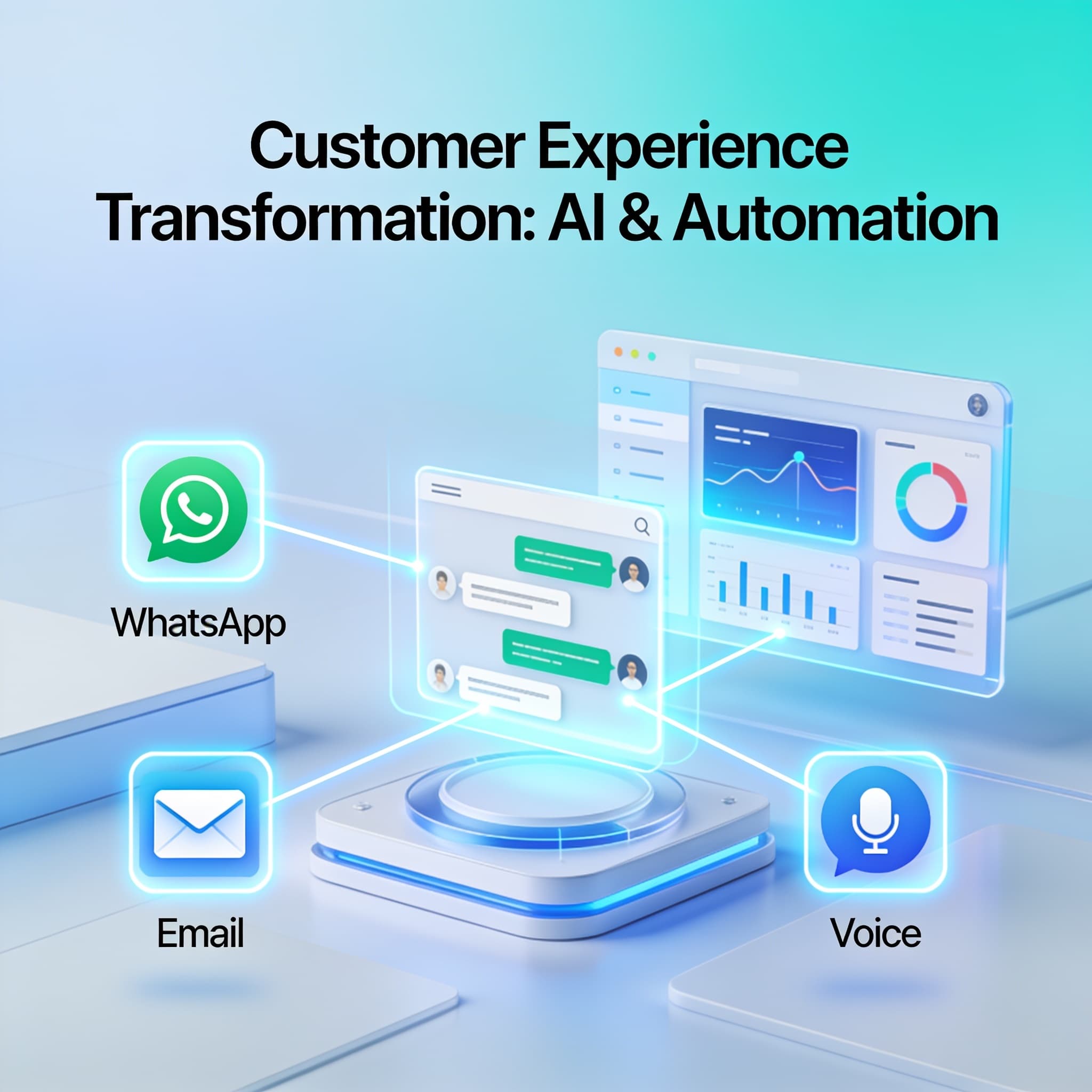 Futuristic AI-powered customer experience dashboard showing unified communications across chat, email, and voice.