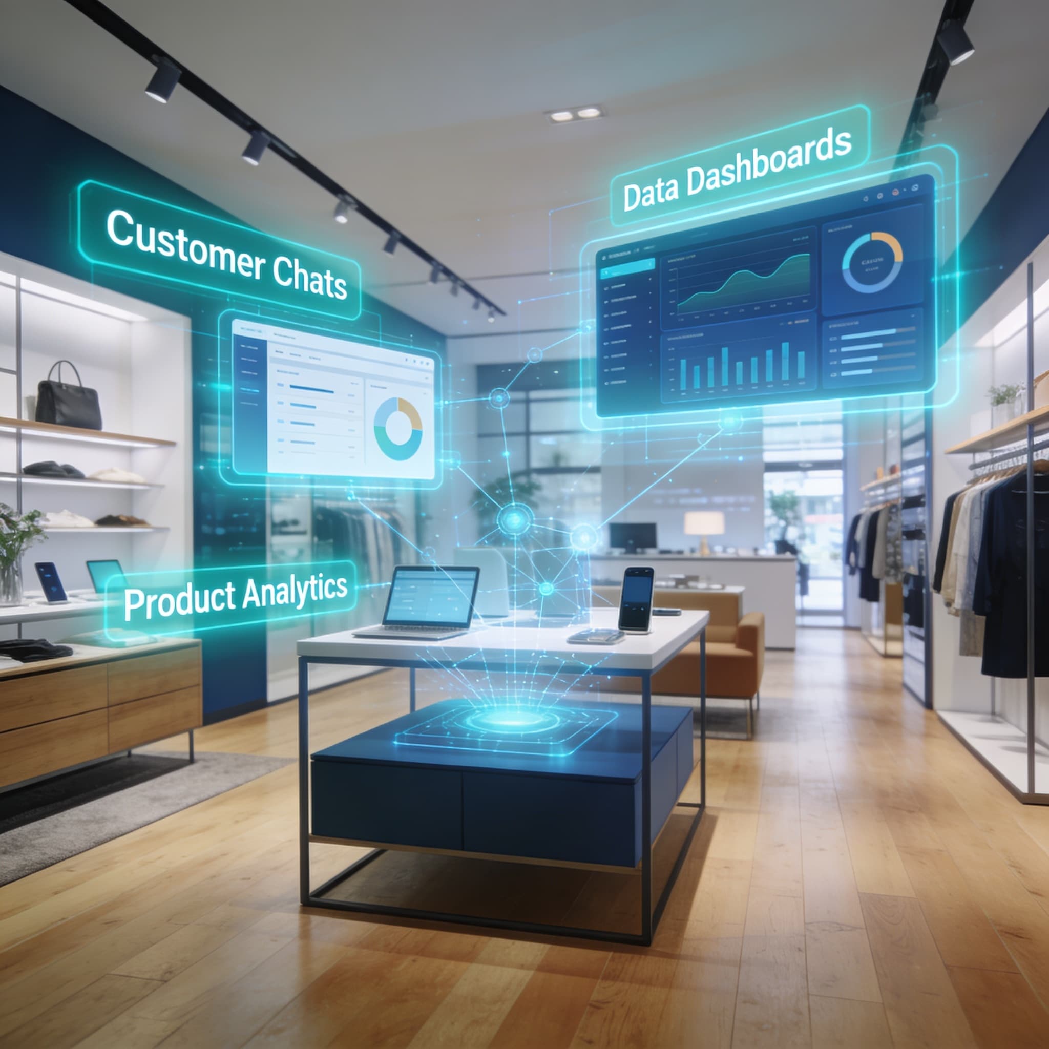 Stylized futuristic retail store with AI and digital interfaces symbolizing omnichannel transformation