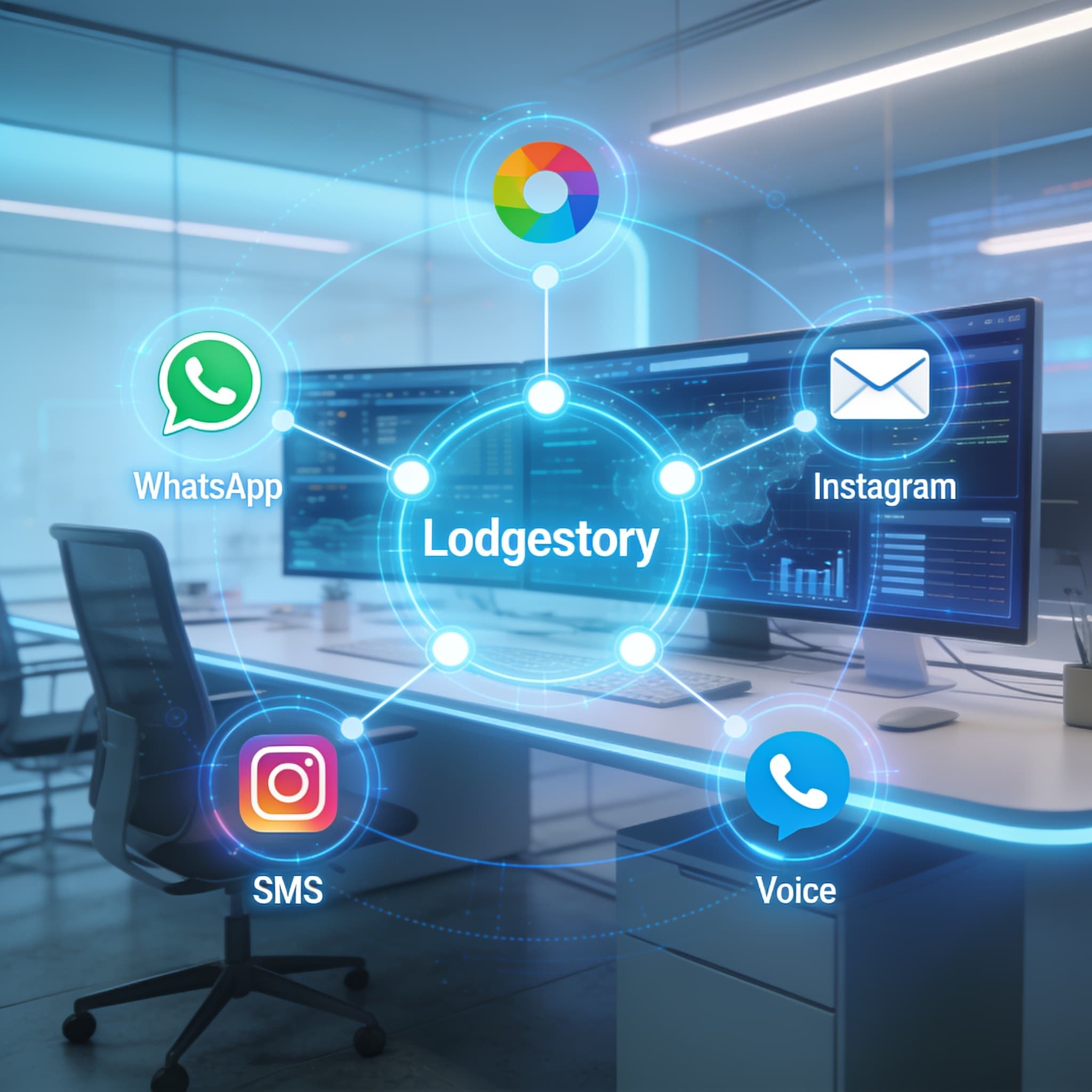 Futuristic digital workspace showing unified communication channels merging into an AI dashboard
