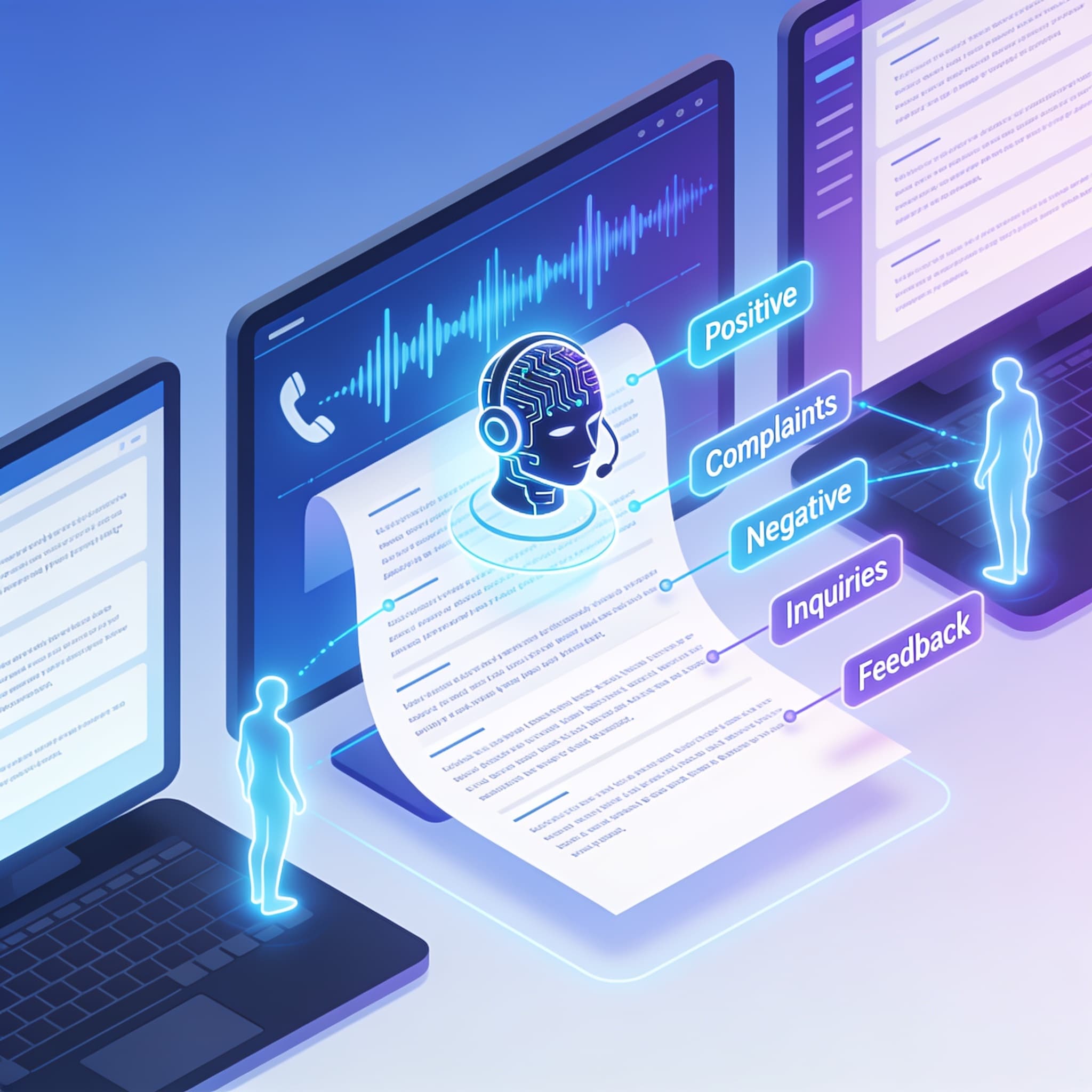 Illustration showing AI converting call recordings into text transcripts and analyzing sentiment for customer feedback automation.