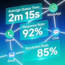 Hero image of a digital contact center dashboard visualizing queue times and connected communication channels.