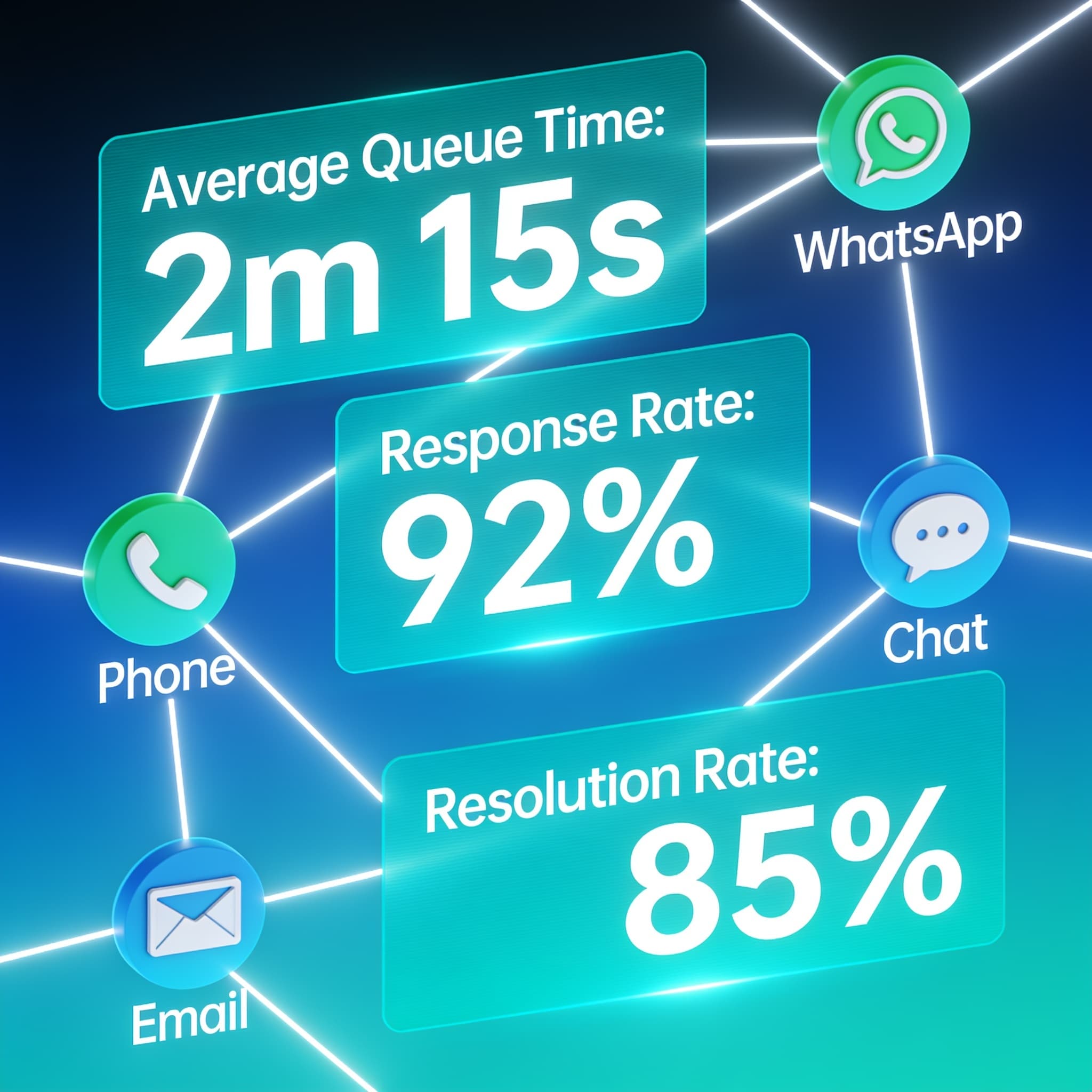 Hero image of a digital contact center dashboard visualizing queue times and connected communication channels.