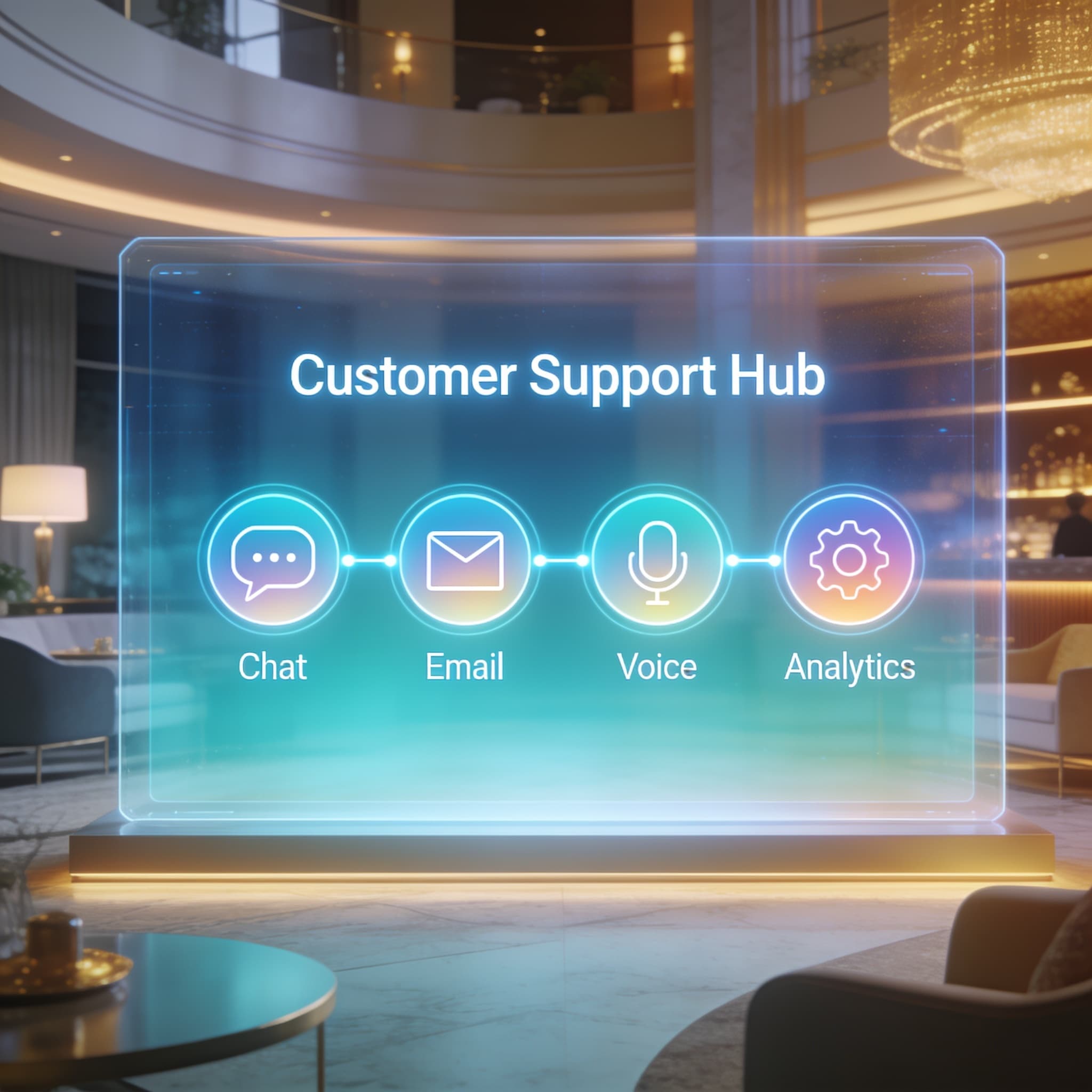 Futuristic illustration of a unified customer service interface across multiple communication channels glowing on a large transparent screen.