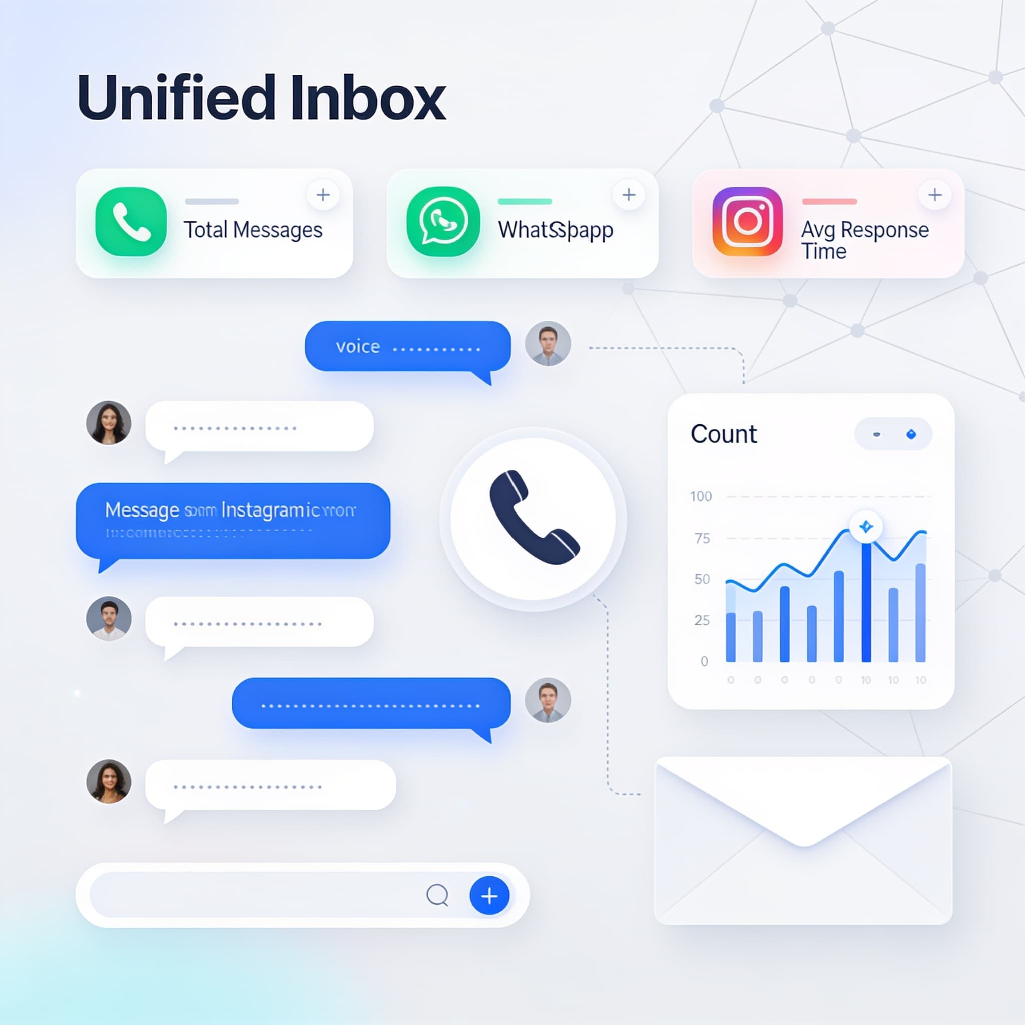 Unified Inbox dashboard showing integrated voice, chat, and message panels
