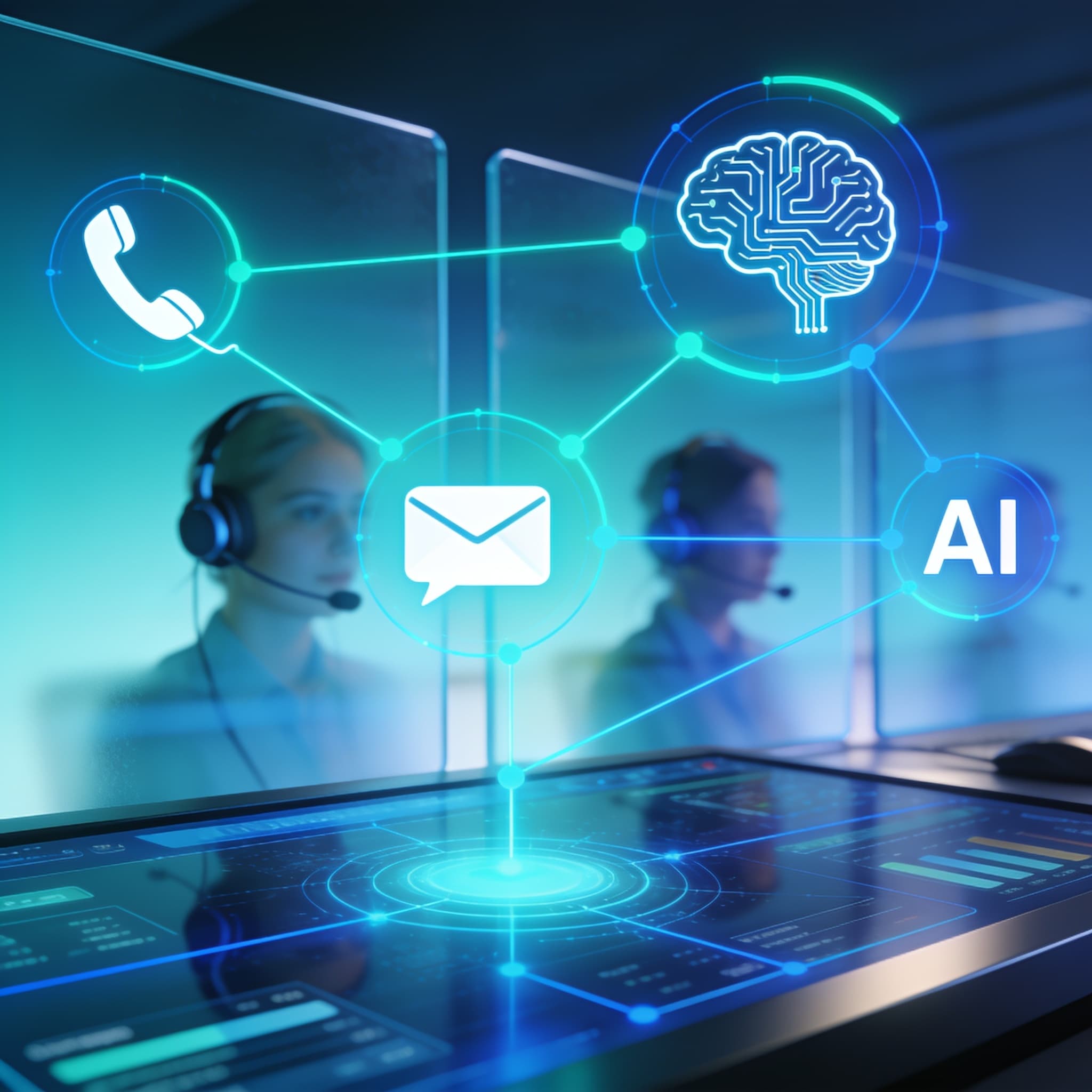 Conceptual digital visualization of a smart ACD call center platform showing interconnected voice and messaging channels.