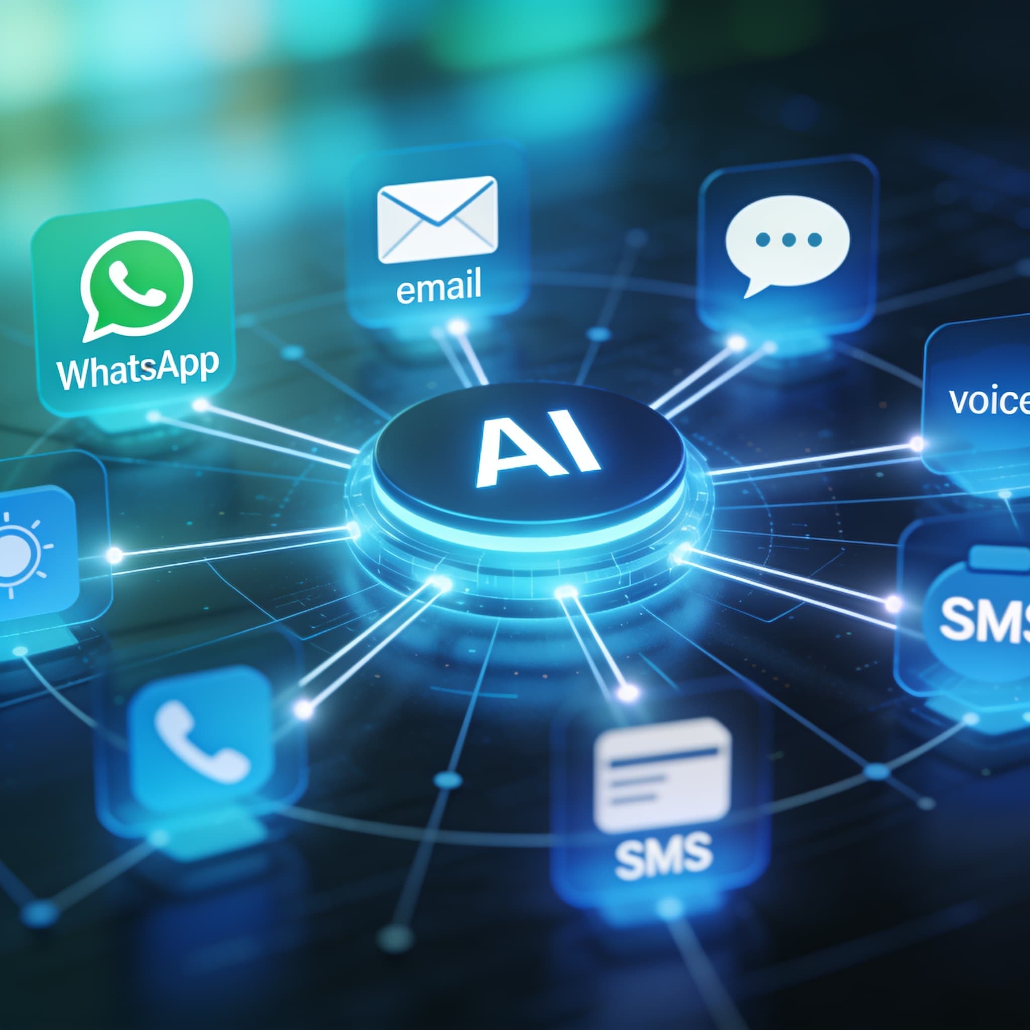 Modern digital service desk interface connecting multiple communication channels through AI hub