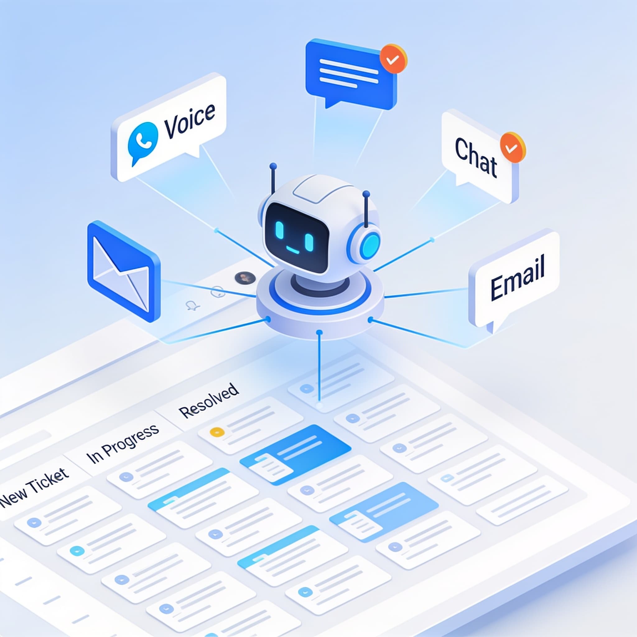 Conceptual visualization of a support request system integrating multiple channels into structured, categorized tickets under an AI-powered interface.
