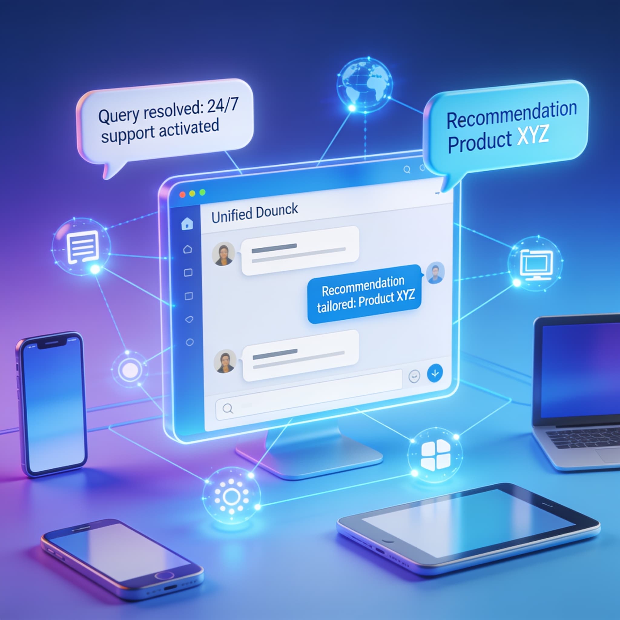 Futuristic AI-powered customer support interface visualizing smart canned responses in 2026