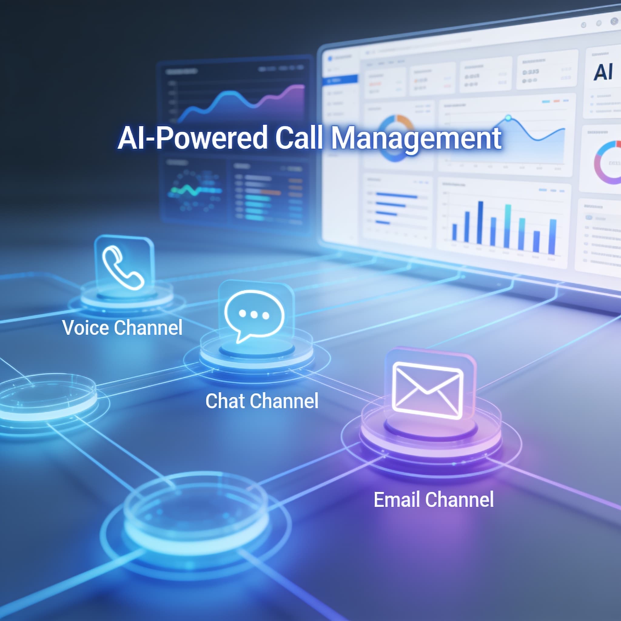 A futuristic contact center interface visualizing unified call management and AI-driven analytics in Lodgestory’s system.
