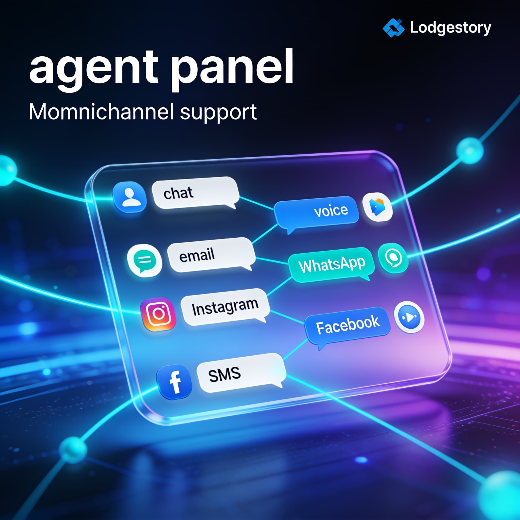Abstract digital representation of an AI-powered agent panel consolidating omnichannel messages into one unified workspace.