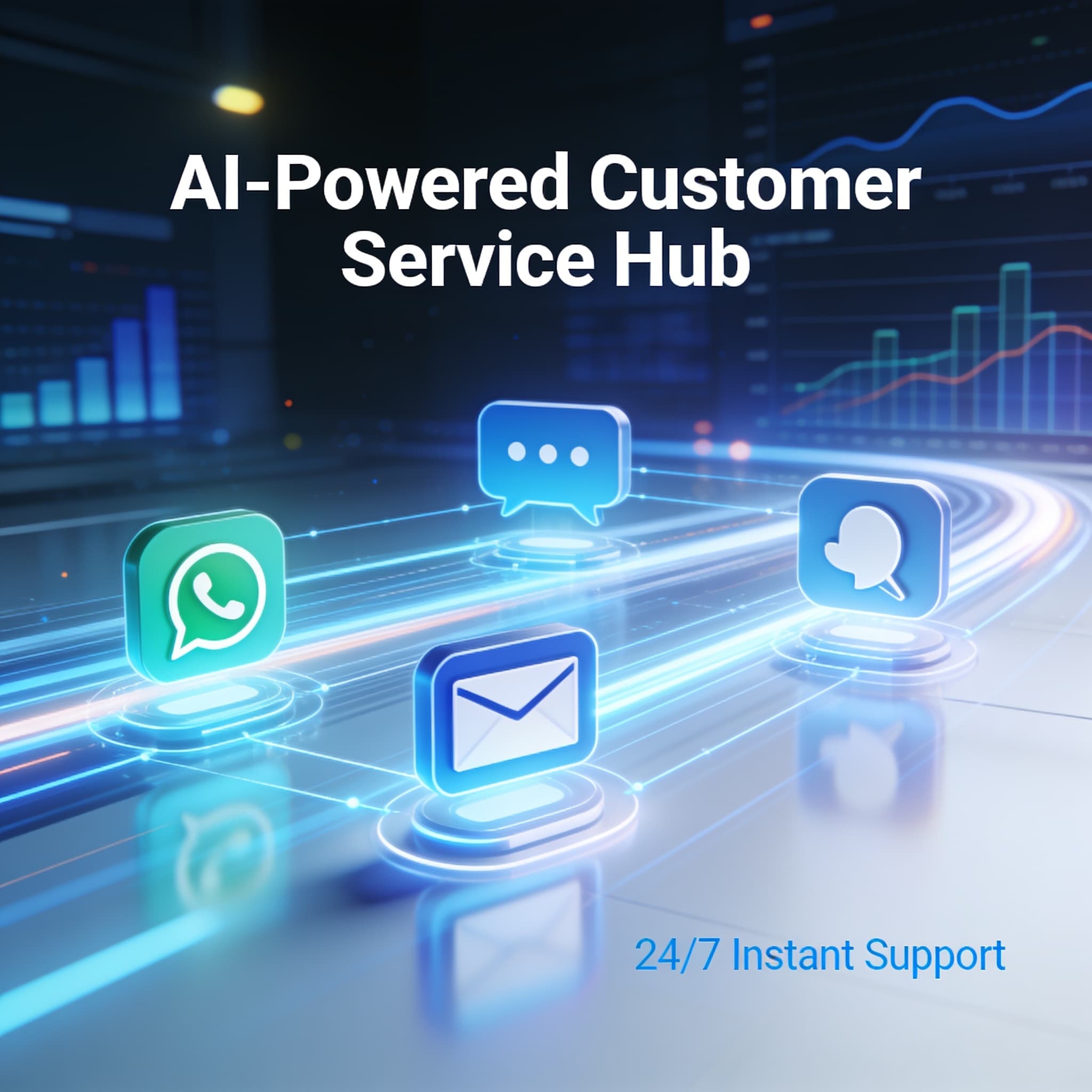 A futuristic digital dashboard showing omnichannel communication icons and analytics to represent quick customer response.