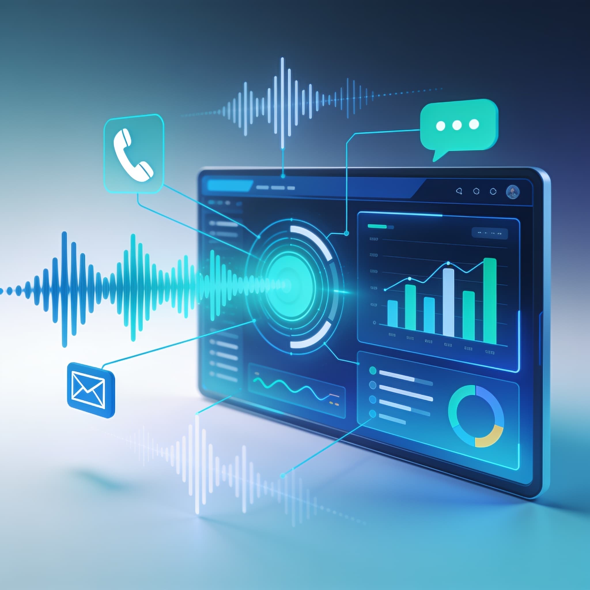 Futuristic illustration of omnichannel voice efficiency highlighting AI-driven communication and analytics dashboard.