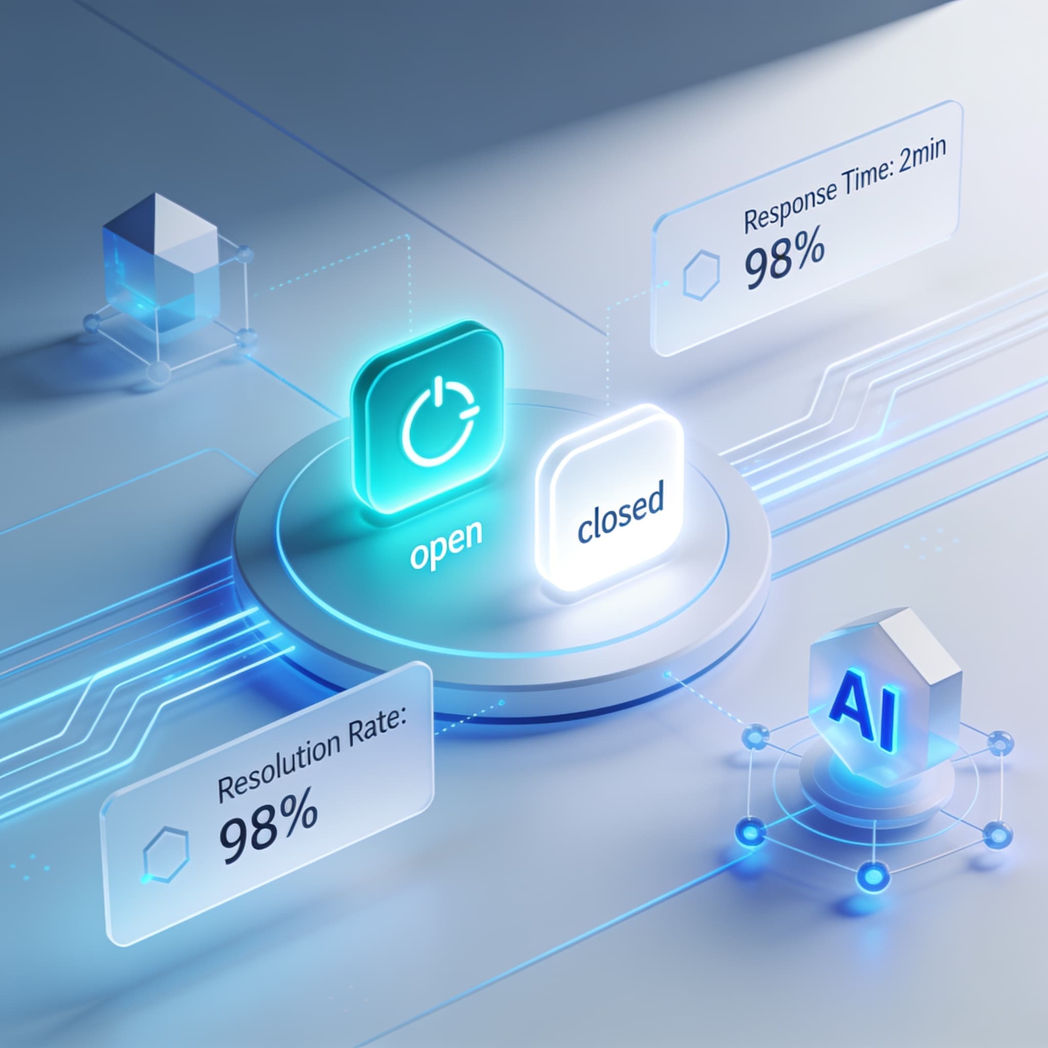 Abstract digital interface showing customer service ticket closure analytics and AI automation