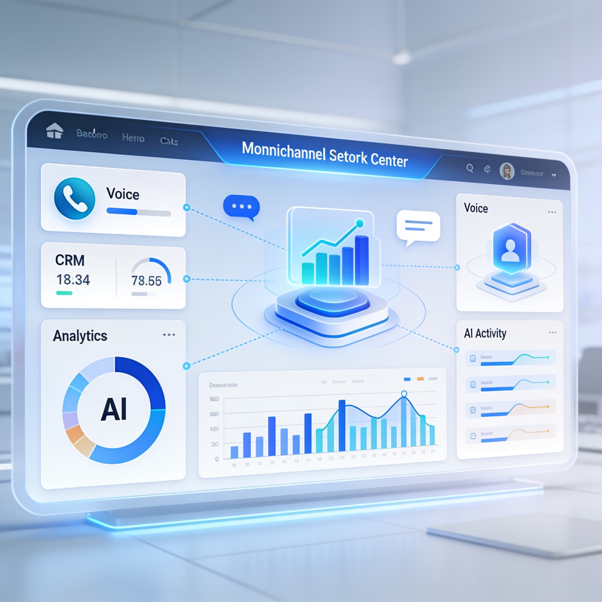Abstract visualization of Lodgestory's omnichannel voice supervision interface combining call analytics, AI, and CRM elements.