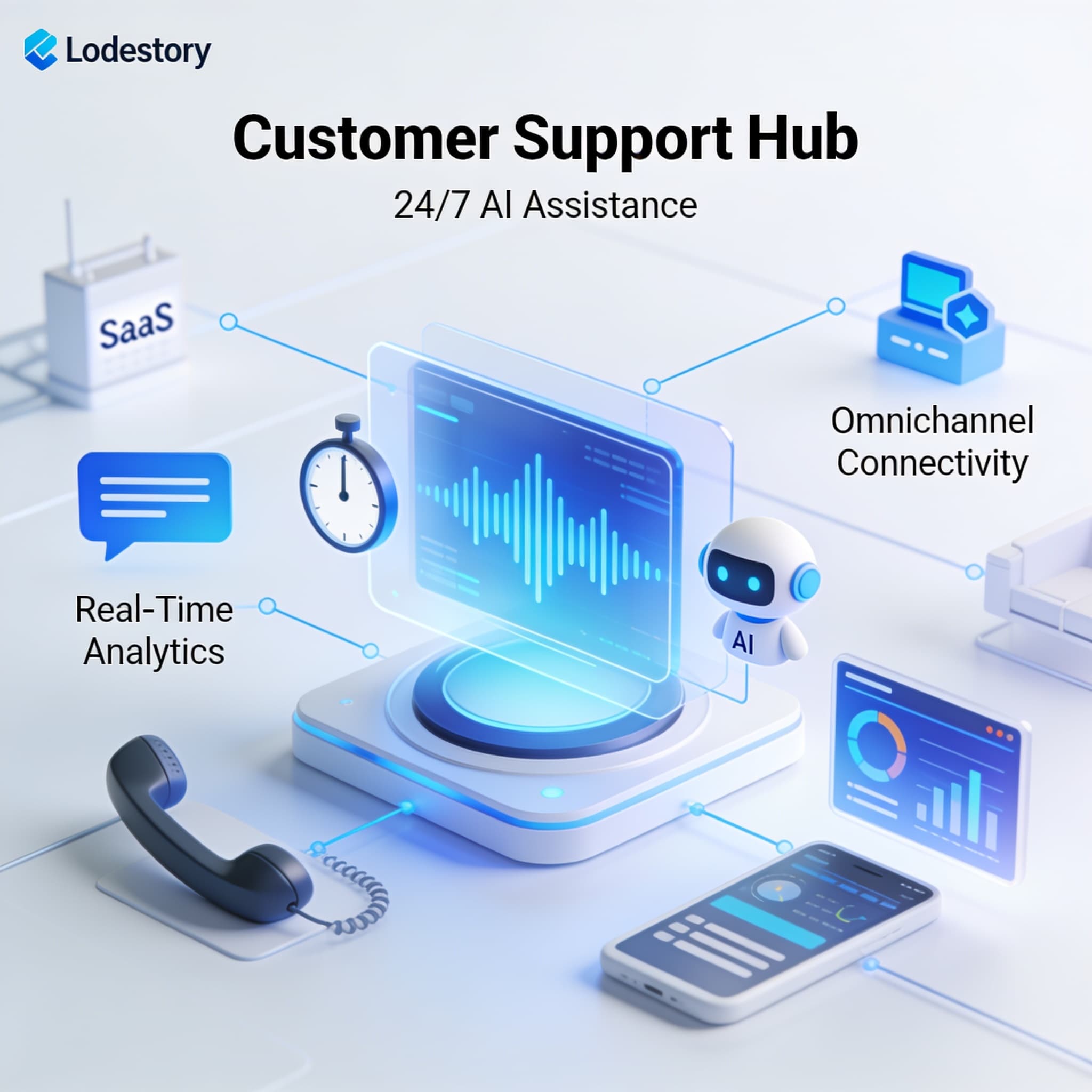 Modern AI-driven voice support concept illustrating reduced average hold time with timers and connected communication elements.