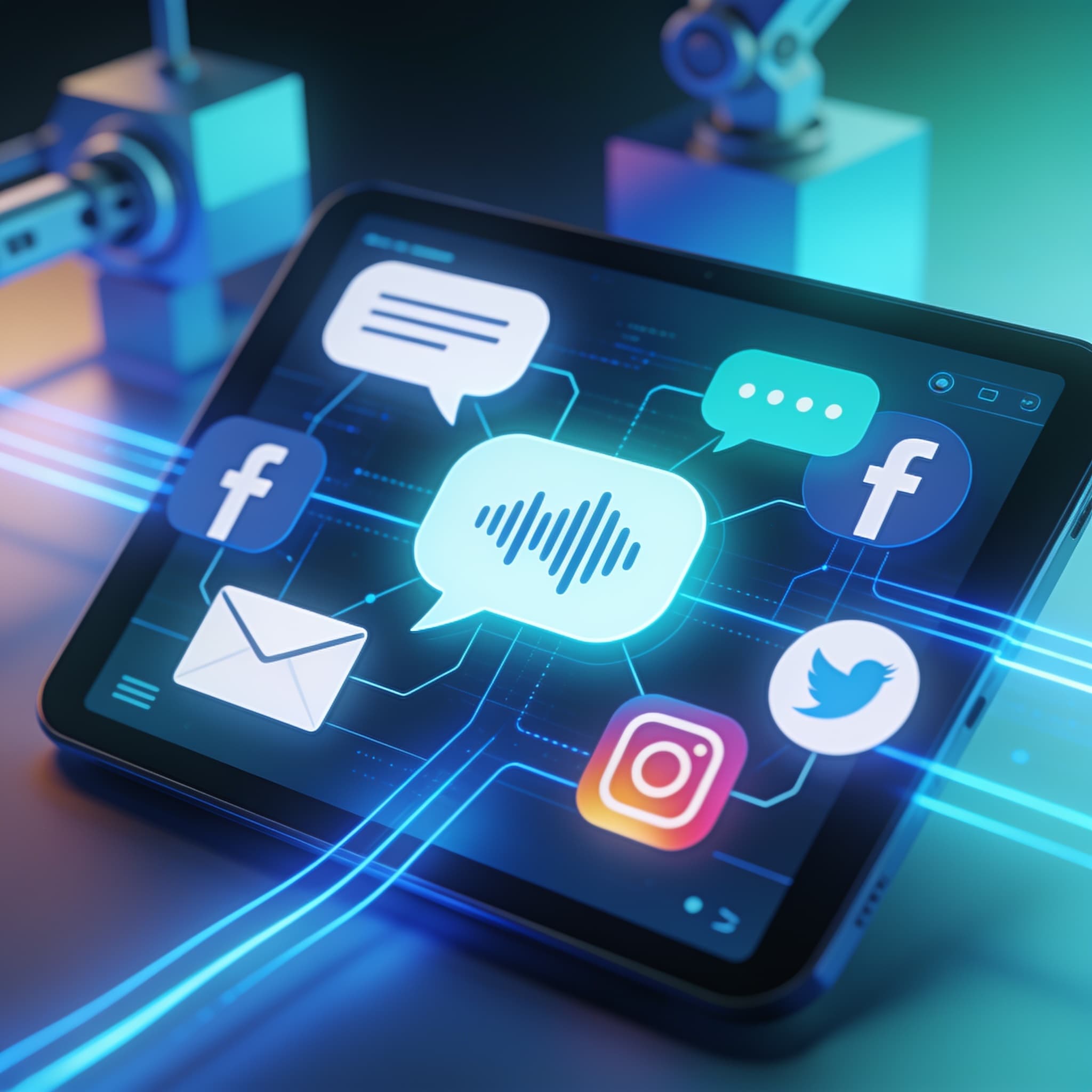 Futuristic digital interface illustrating AI-powered customer self-service across multiple channels
