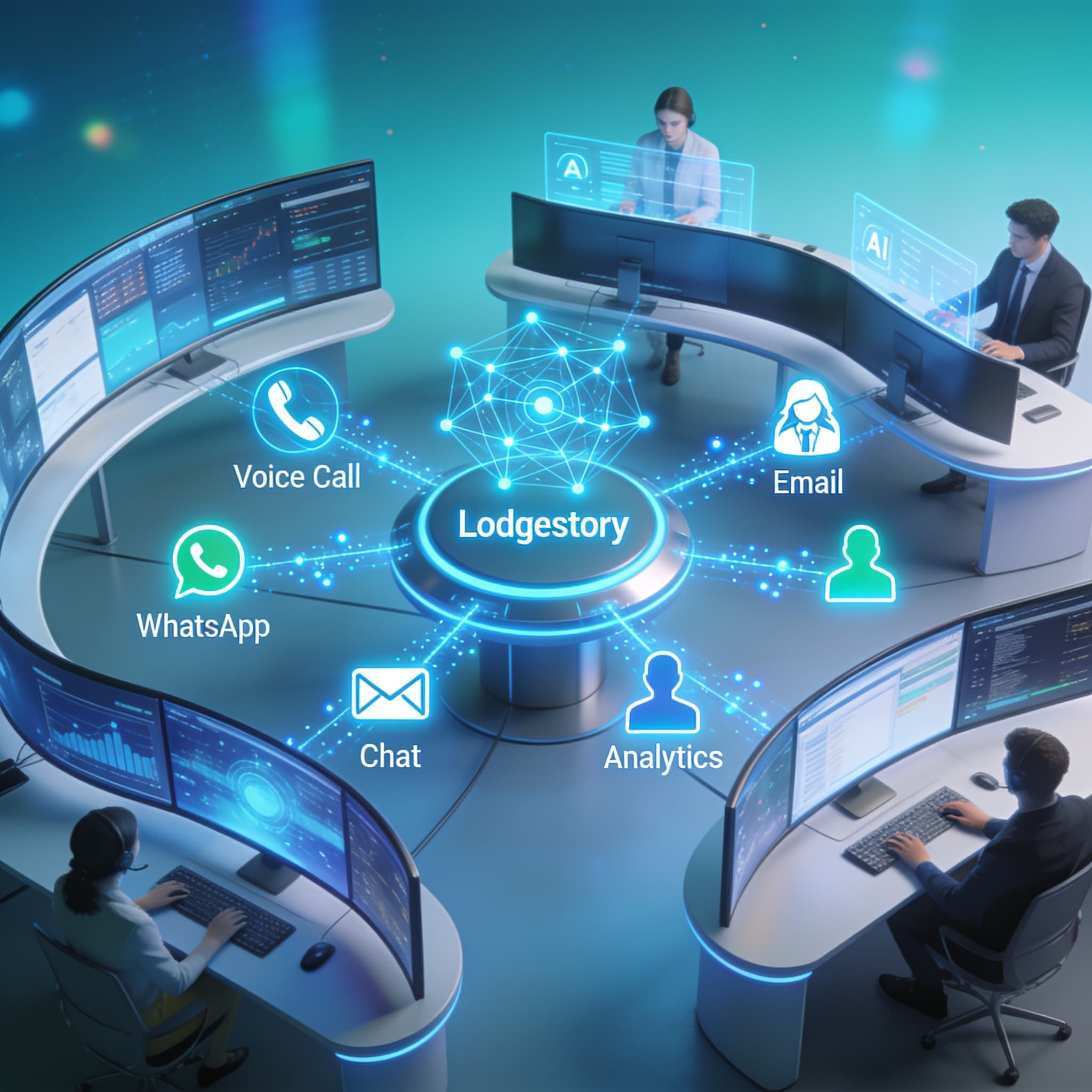 Futuristic omnichannel contact center showing interconnected voice, chat, and AI systems in a modern workspace