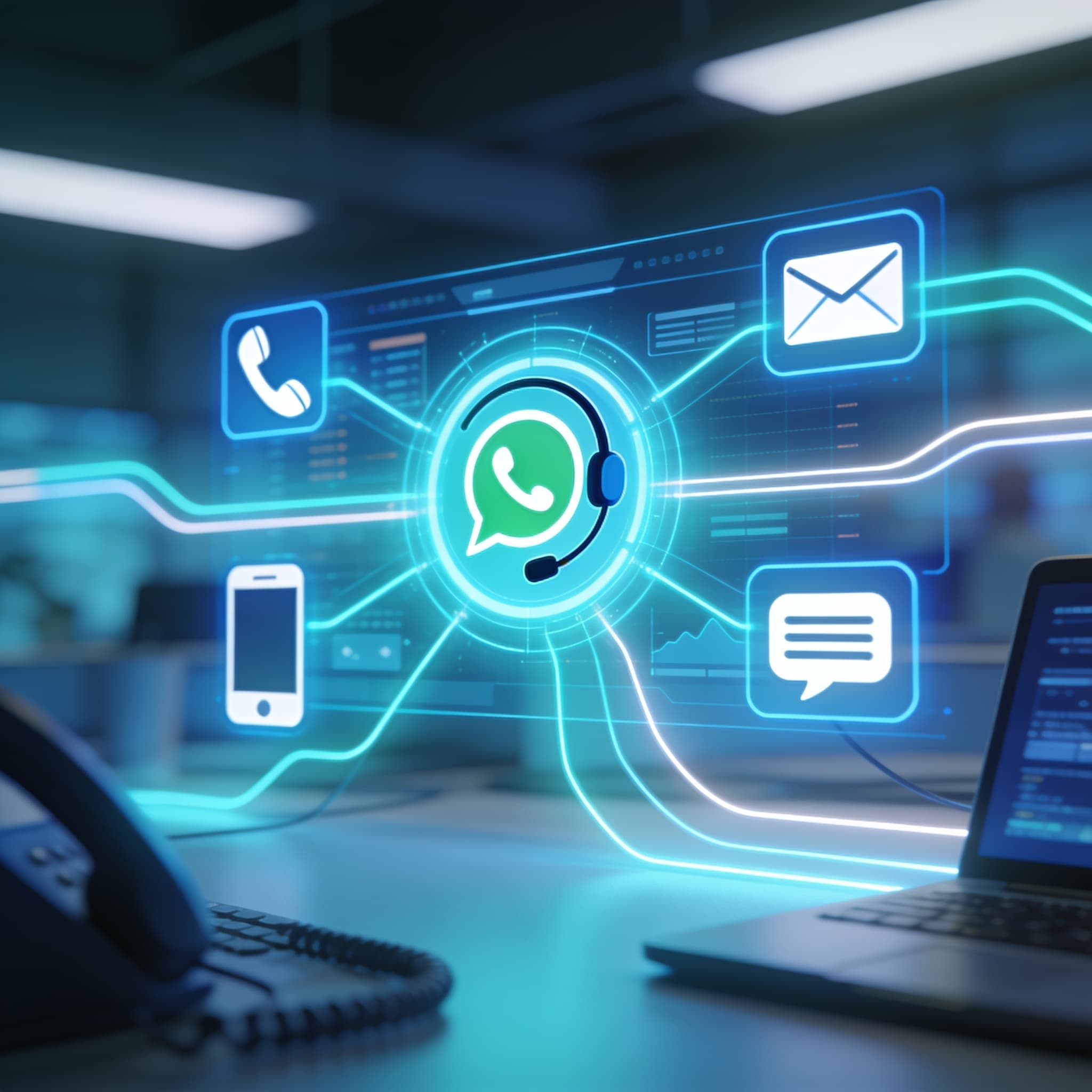 Futuristic digital dashboard illustrating smart omnichannel call routing for contact centers.