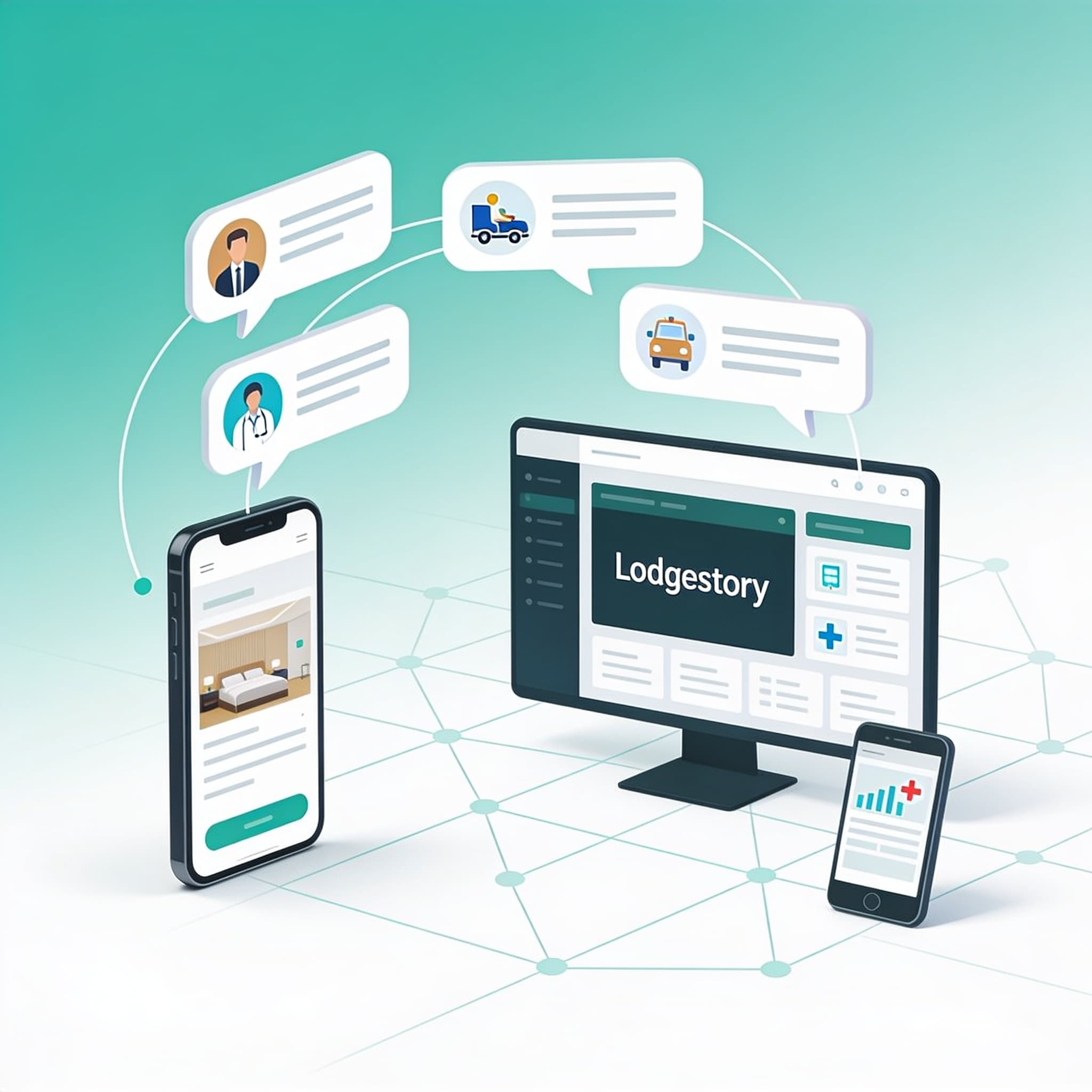Illustration of WhatsApp chats connecting business and customer support dashboards across industries