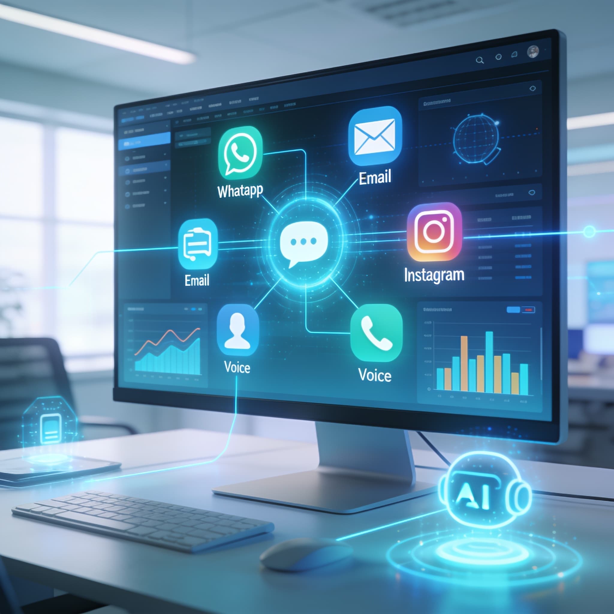Unified contact center interface connecting multiple digital communication channels in a modern workspace