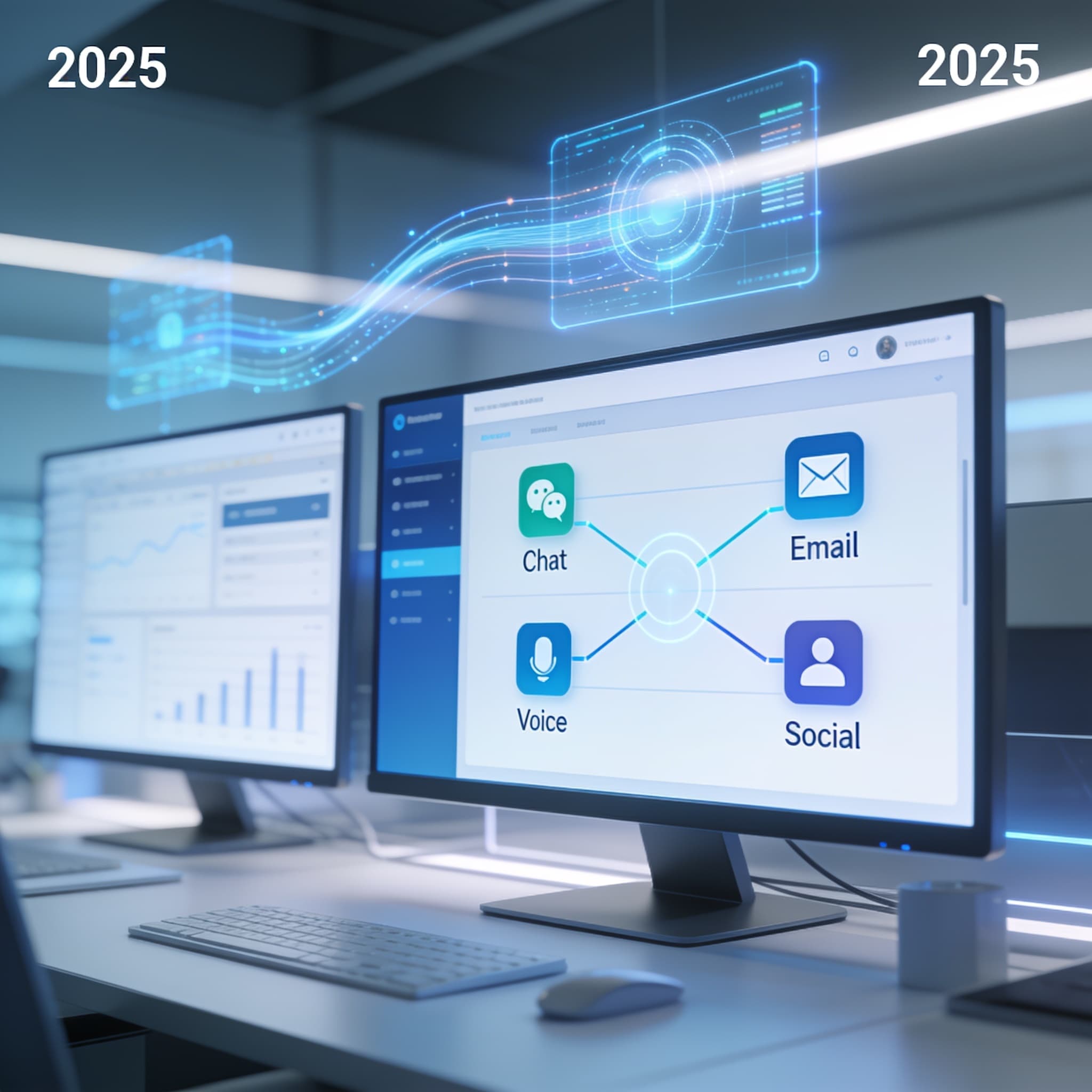 Futuristic omnichannel workspace with AI-driven customer service interfaces representing the CX era of 2025