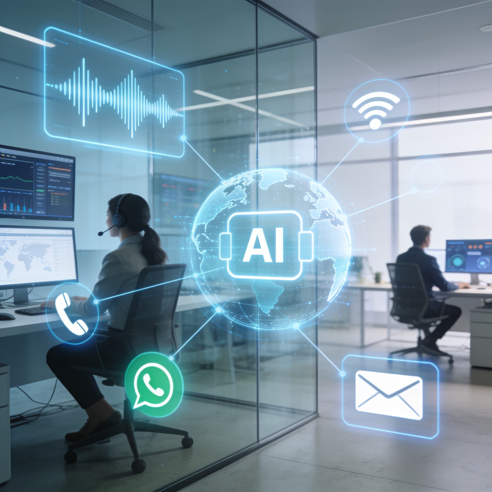 Futuristic omnichannel call center blending human agents and AI technology with voice and messaging icons.