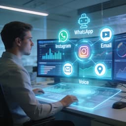 Futuristic digital marketing control center with omnichannel dashboards and analytics representing unified campaign management.