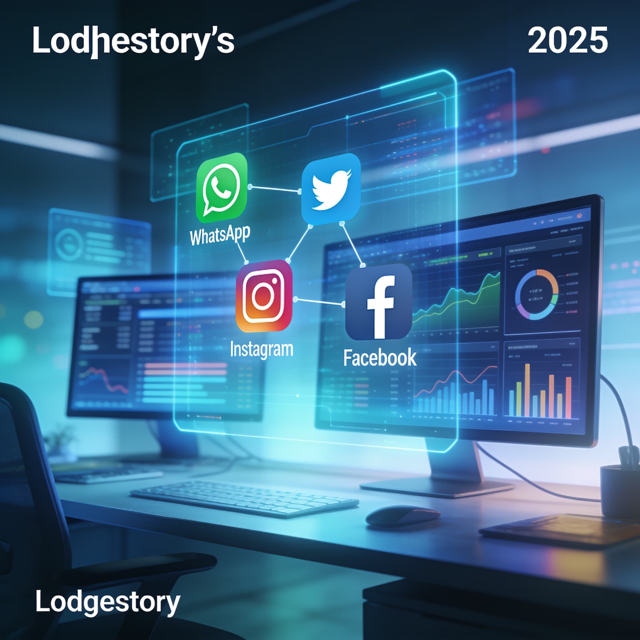 Futuristic digital landscape showing social media, analytics, and business integration in 2025.