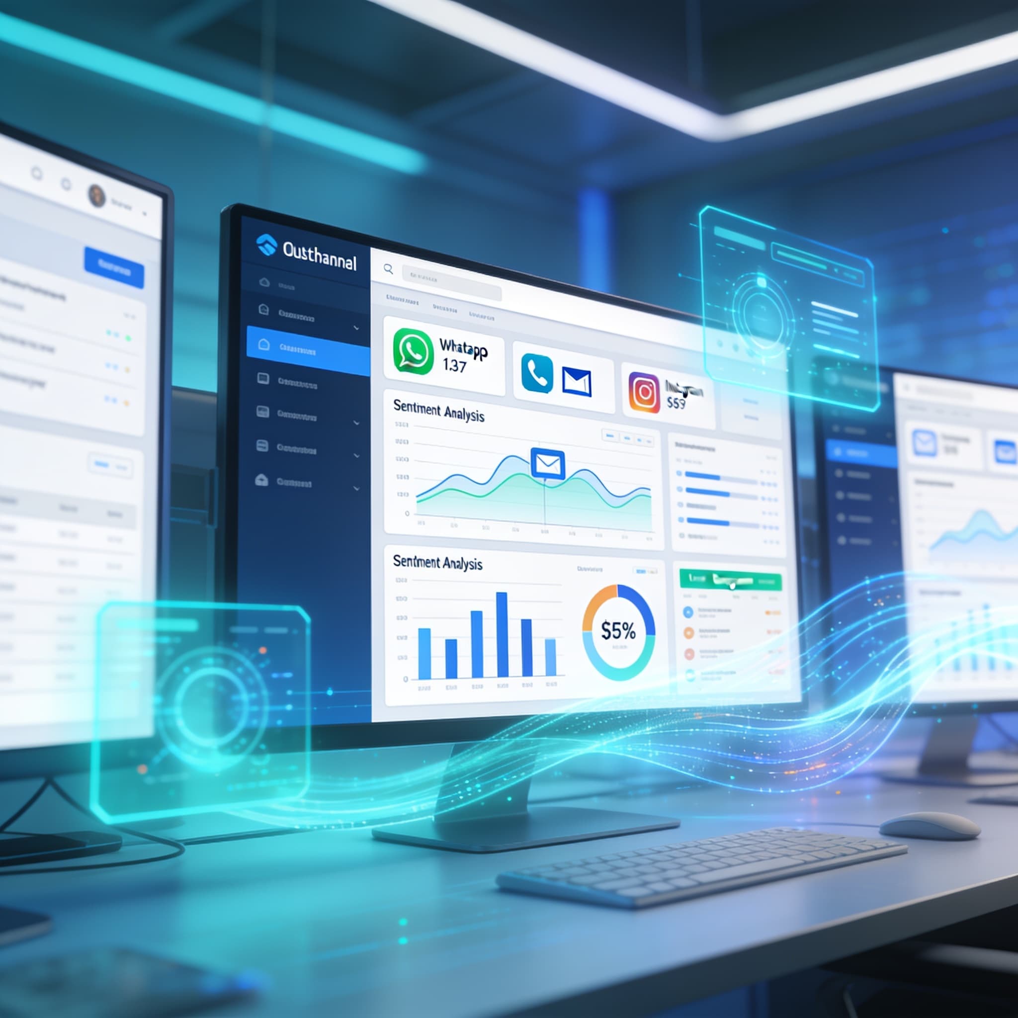 Hero image showing real-time customer experience analytics dashboards with multichannel communication icons and data visualizations.