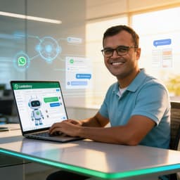 Indian professional using Lodgestory platform for WhatsApp business automation in a modern office