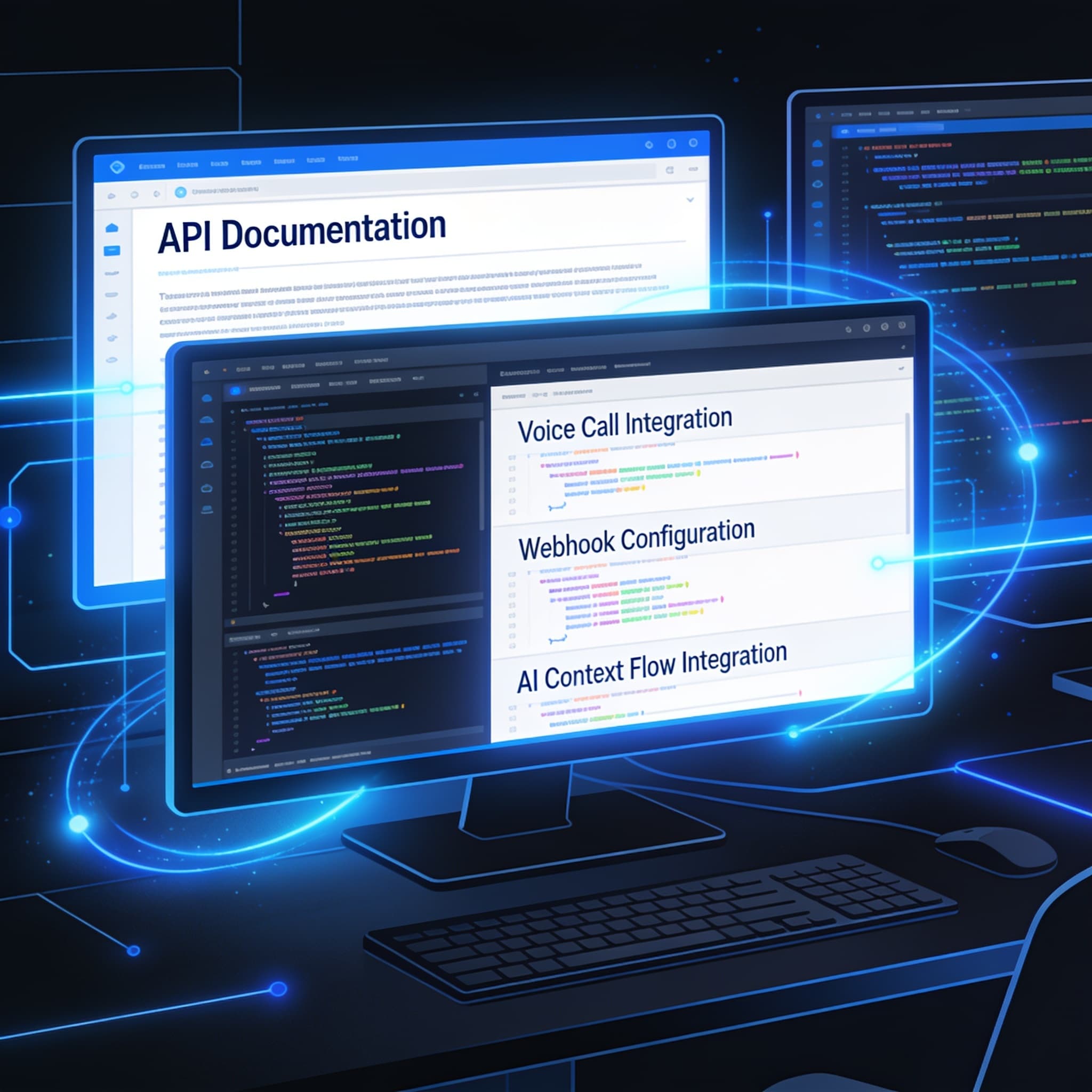 Abstract illustration of developer workspace with screens displaying voice API integrations and code samples