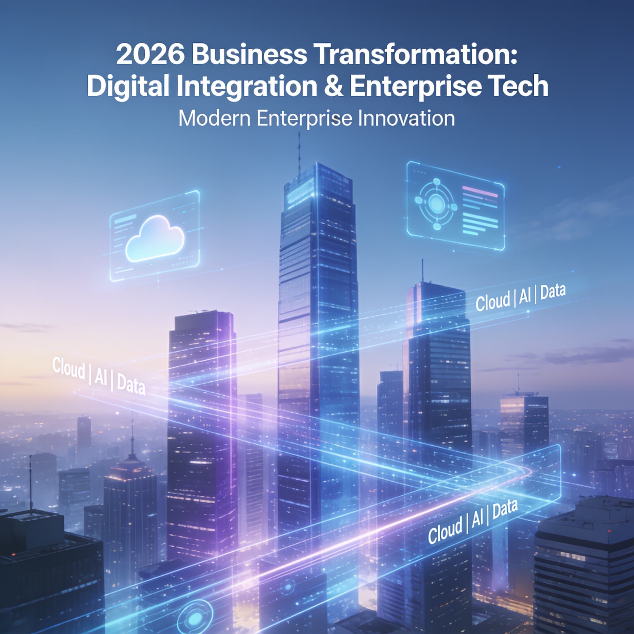 Futuristic cityscape with holographic digital overlays symbolizing advanced cloud and AI business transformation.