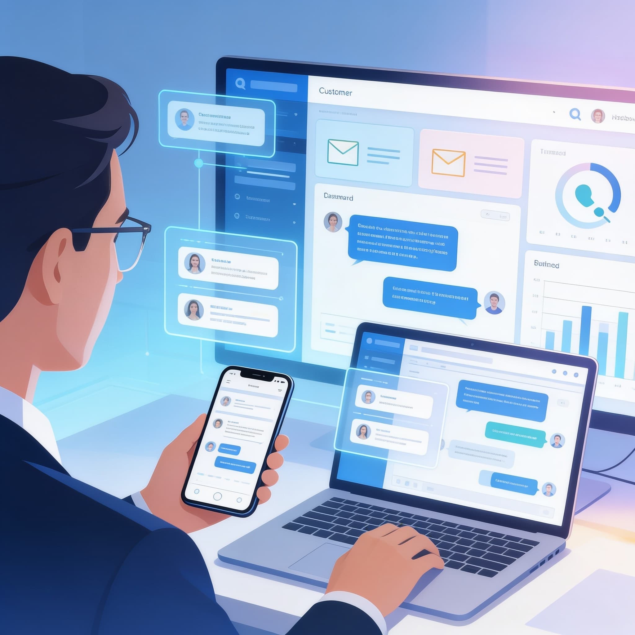 Professional working at a digital dashboard displaying unified customer interactions across multiple channels.