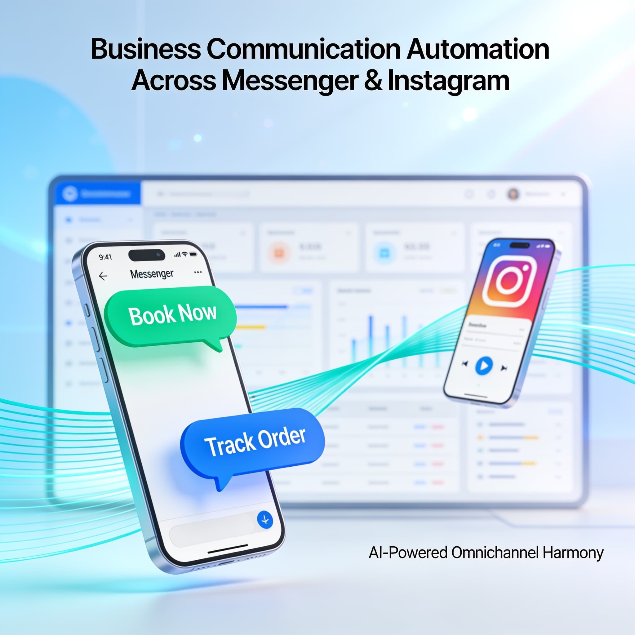 Modern illustration of messaging apps integrating with Lodgestory’s unified dashboard showing quick reply buttons.