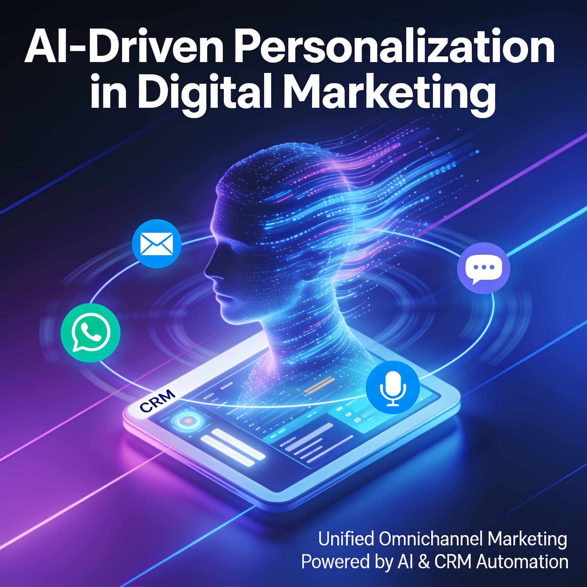 Futuristic digital illustration representing AI-driven personalization at scale across multiple customer communication channels.